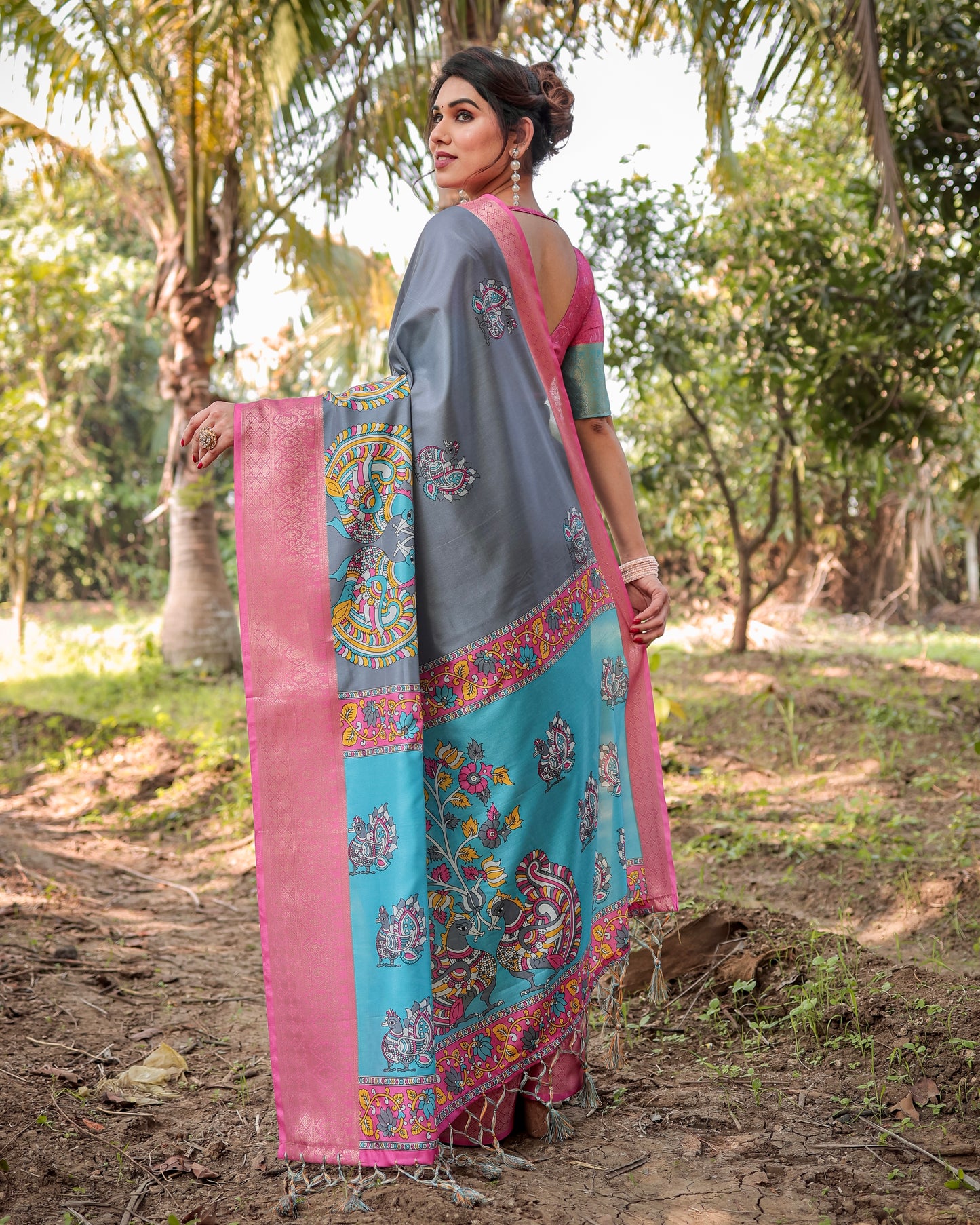 Steel Grey Silk Saree With Digital Printed Work
