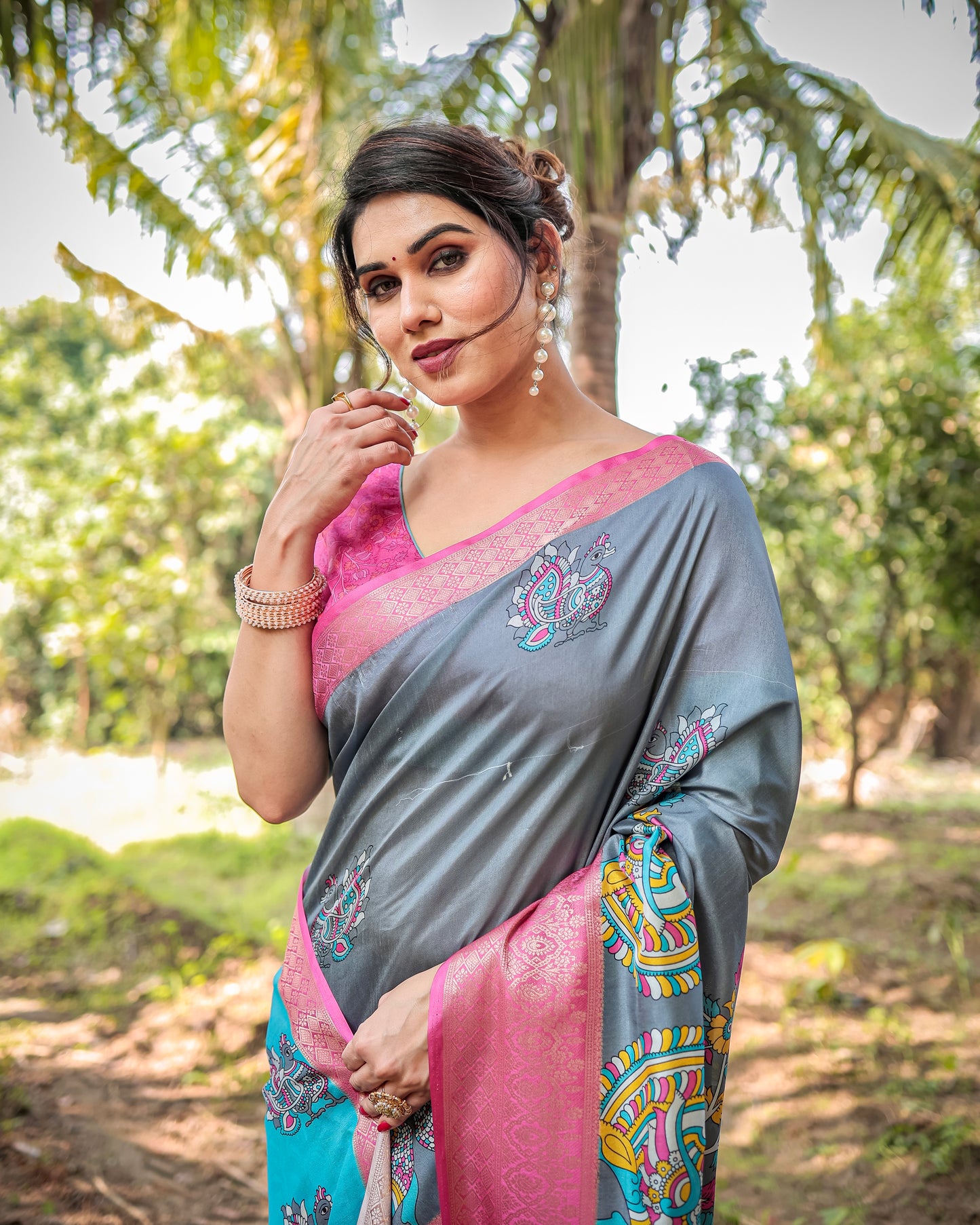 Steel Grey Silk Saree With Digital Printed Work