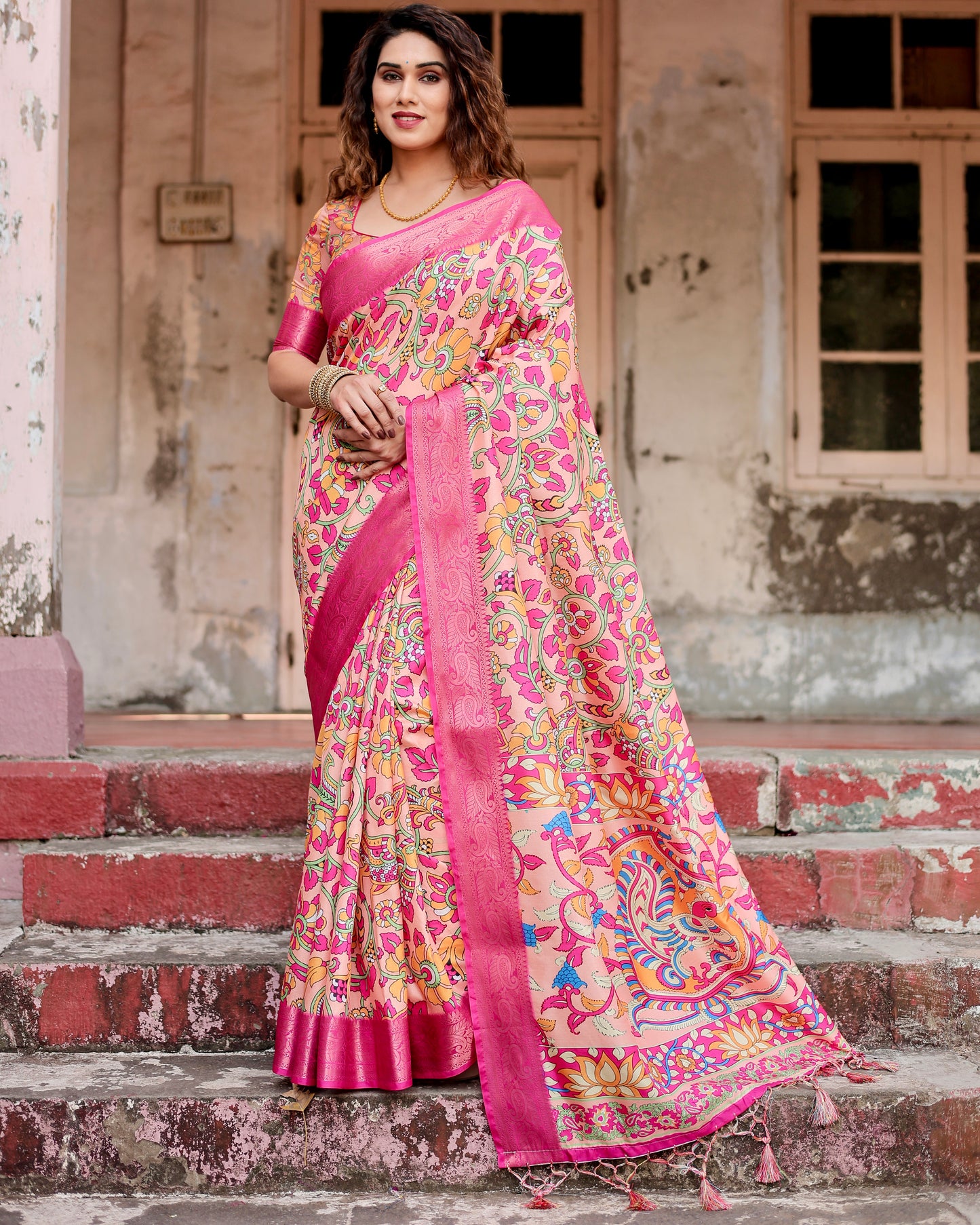 Elegant Printed Silk Peach Color Saree