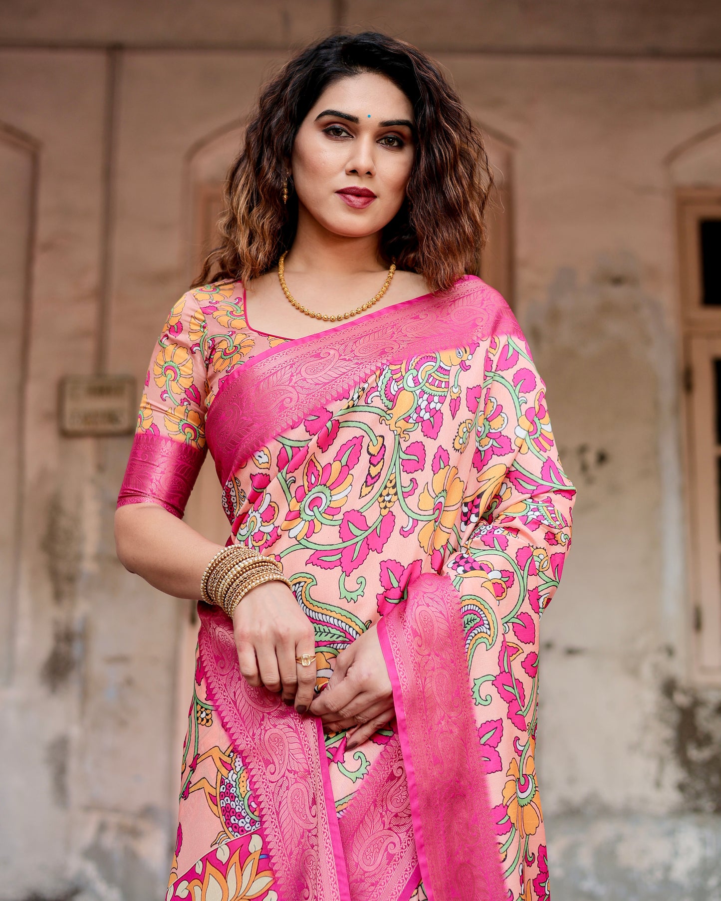 Elegant Printed Silk Peach Color Saree