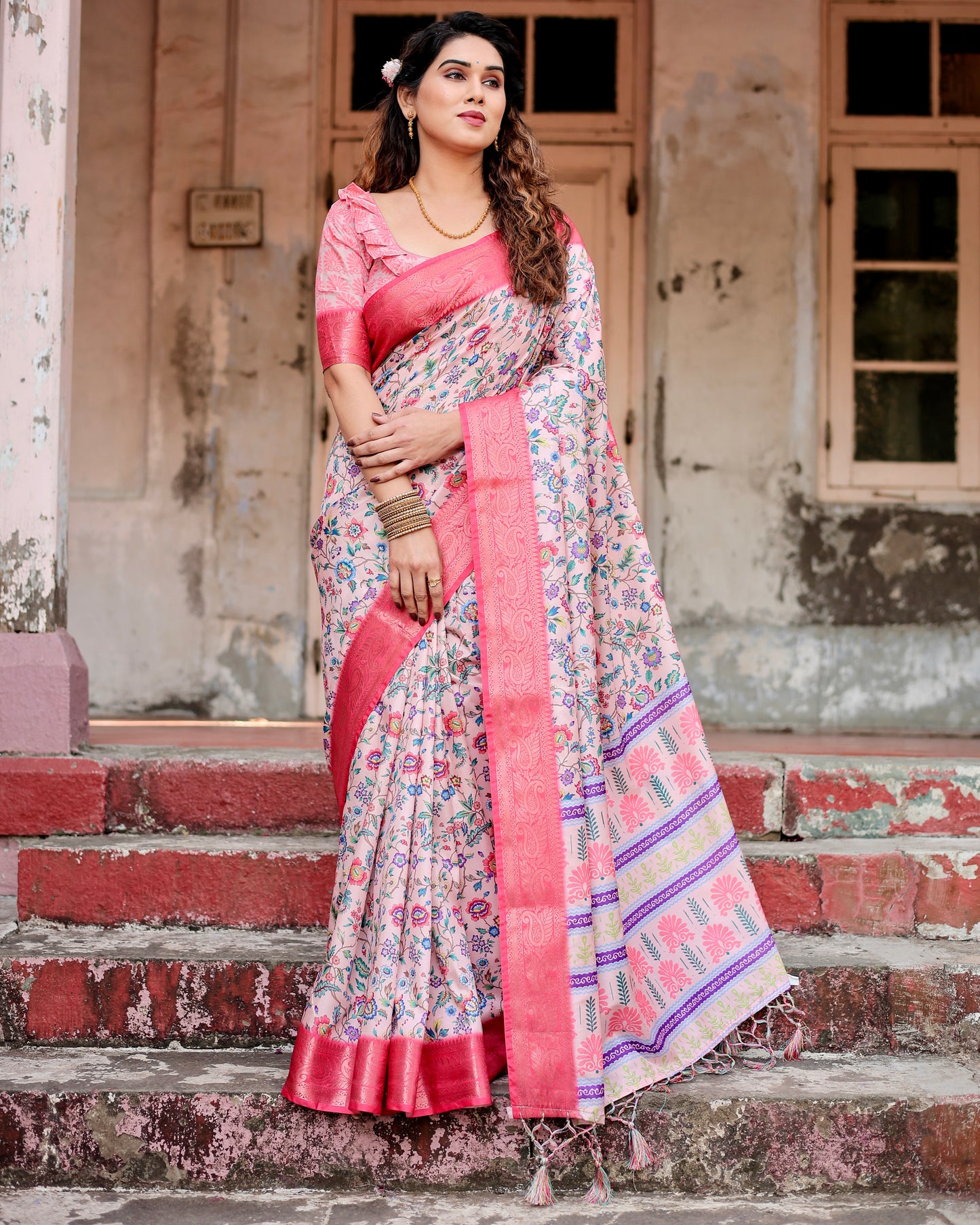 Pure Silk Digitally Printed Saree Weaved With Golden Zari Comes With Tassels