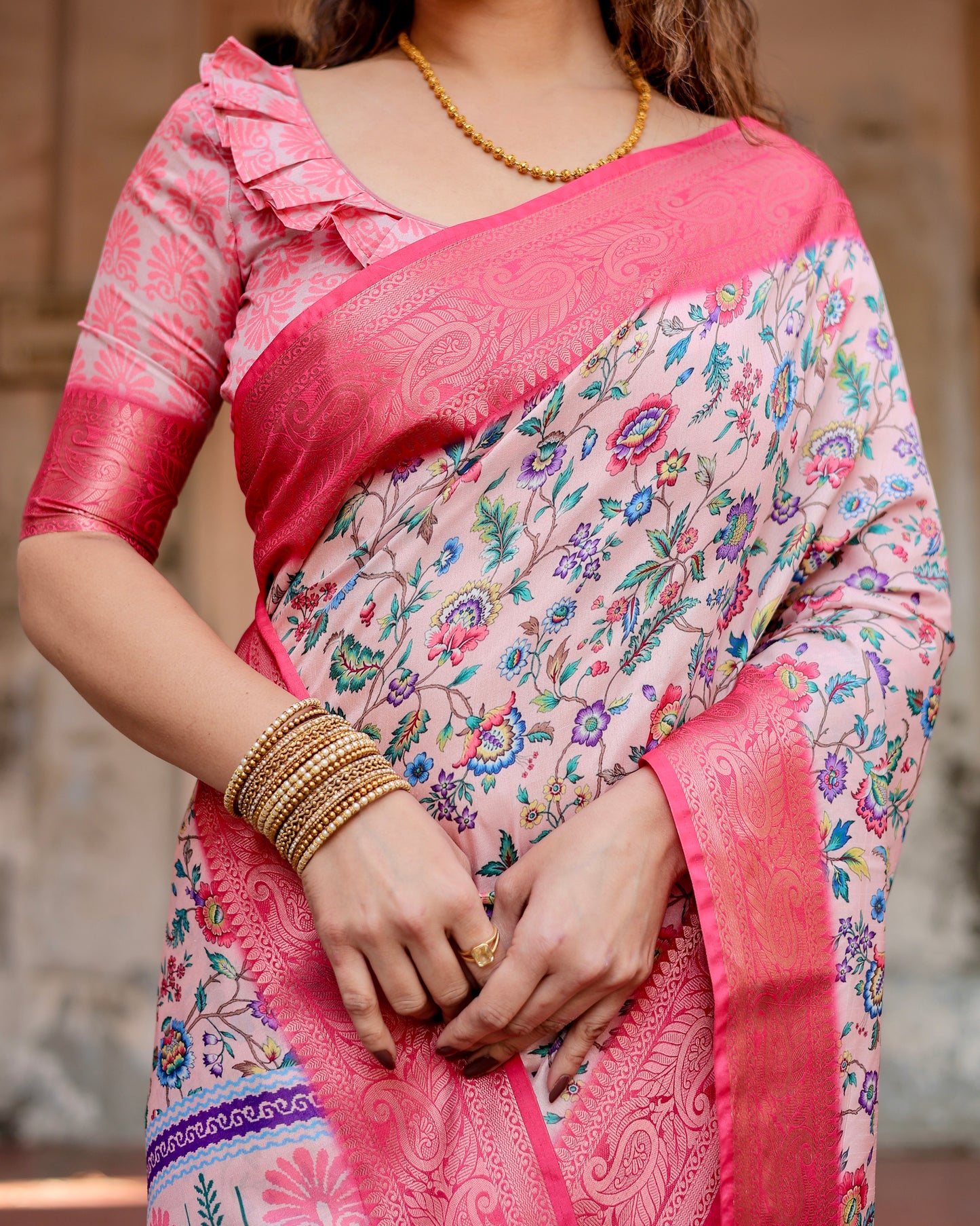 Pure Silk Digitally Printed Saree Weaved With Golden Zari Comes With Tassels
