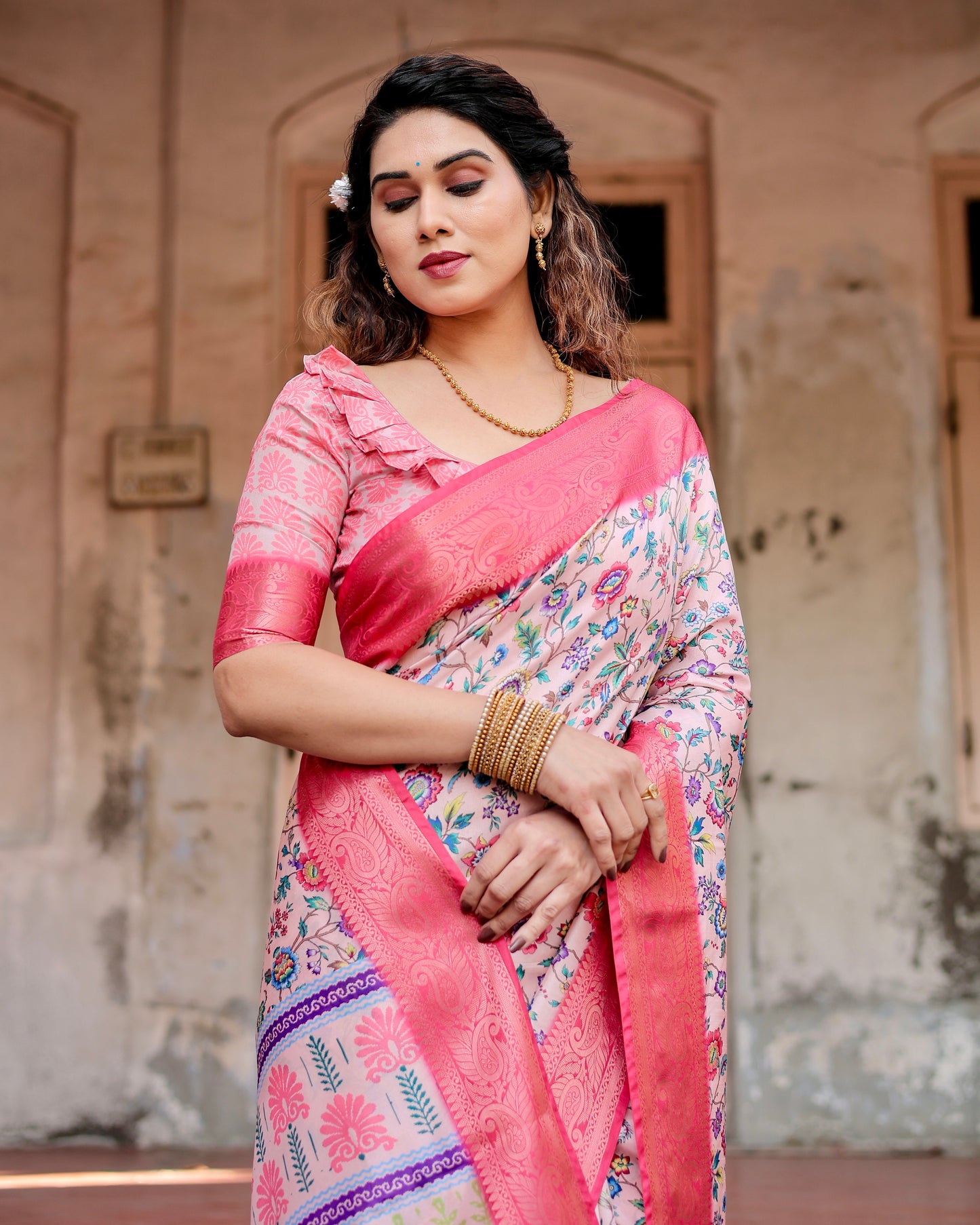 Pure Silk Digitally Printed Saree Weaved With Golden Zari Comes With Tassels
