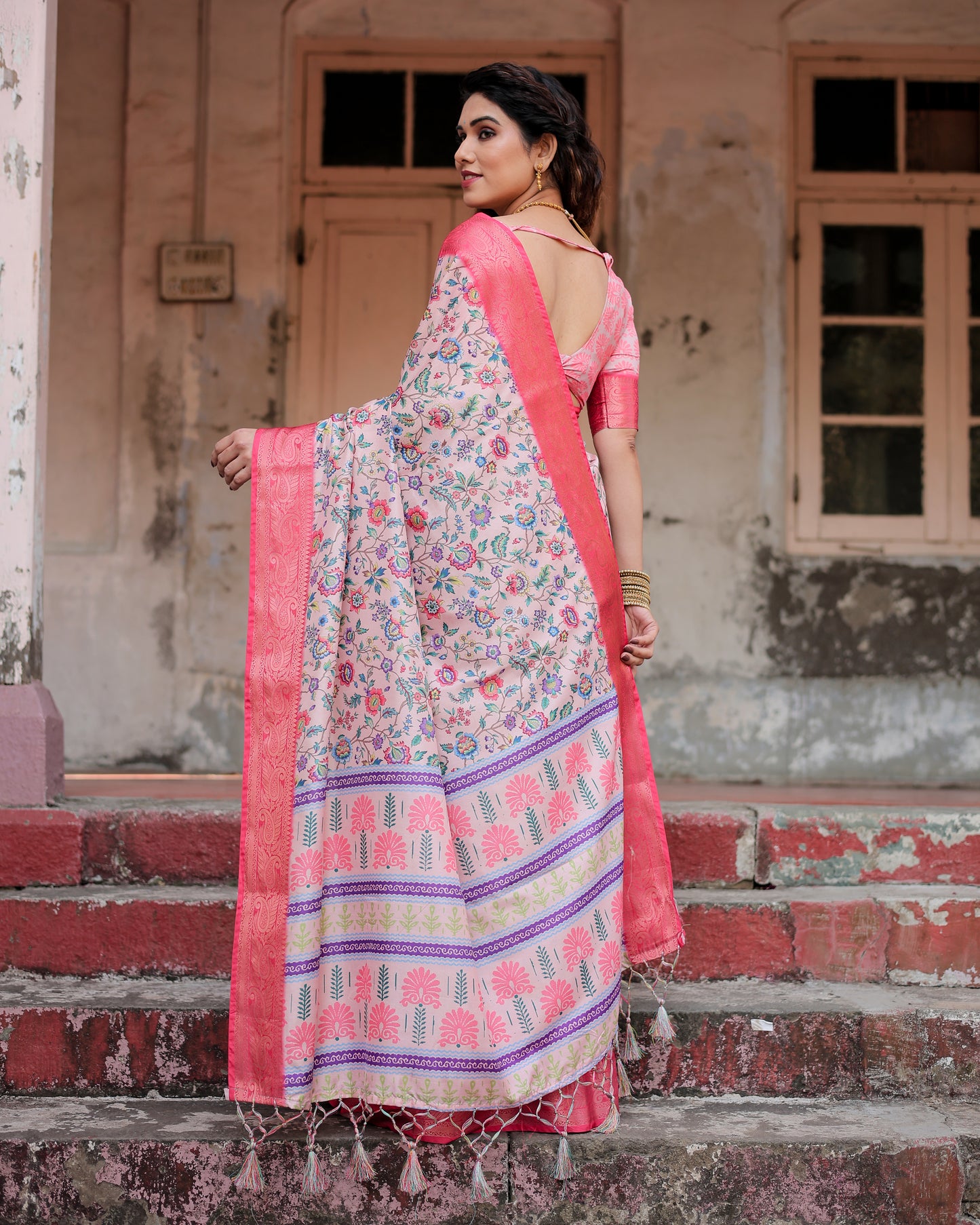 Pure Silk Digitally Printed Saree Weaved With Golden Zari Comes With Tassels