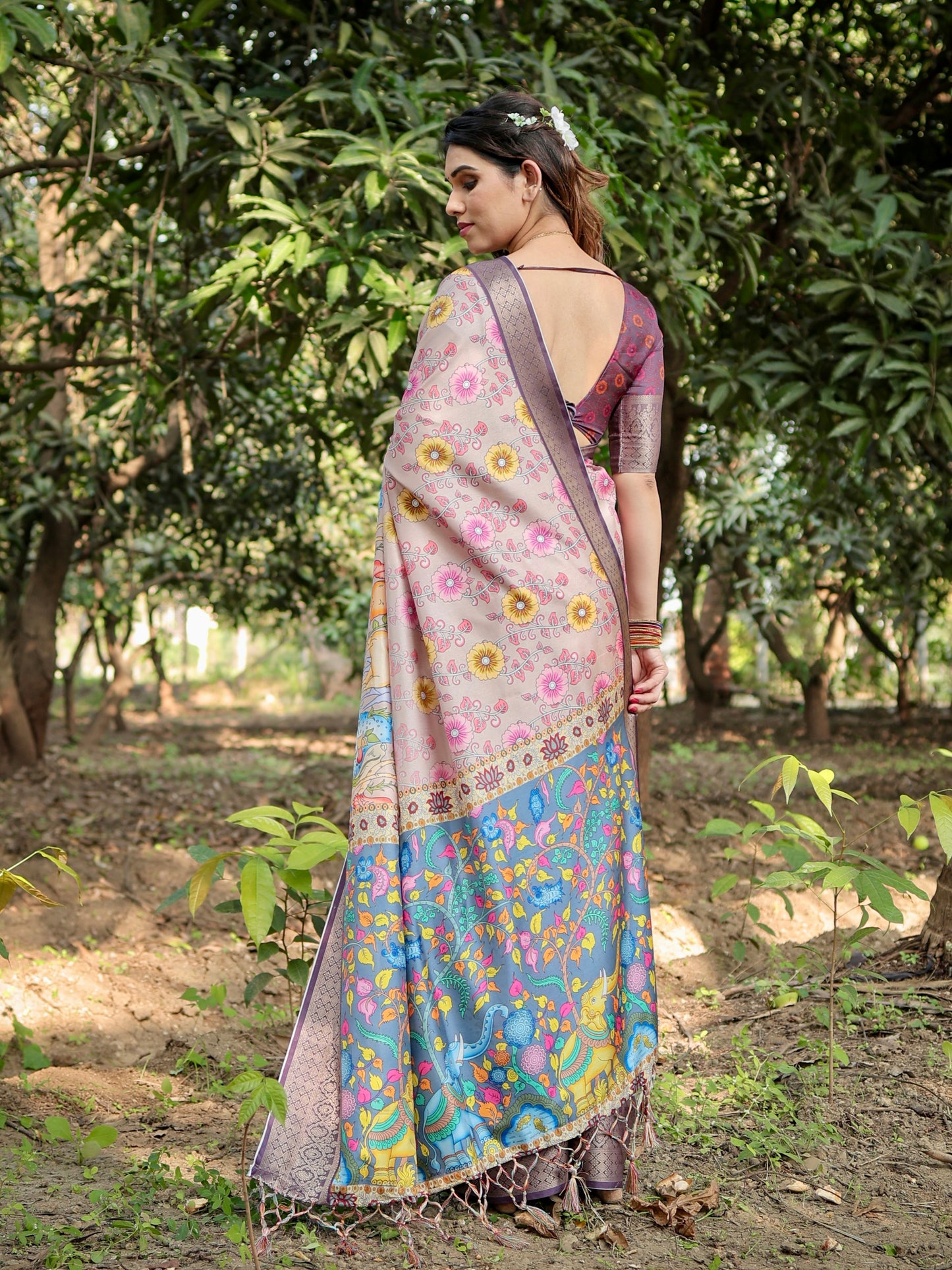 Attractive Multi Color Printed Silk Saree With Blouse for Wedding