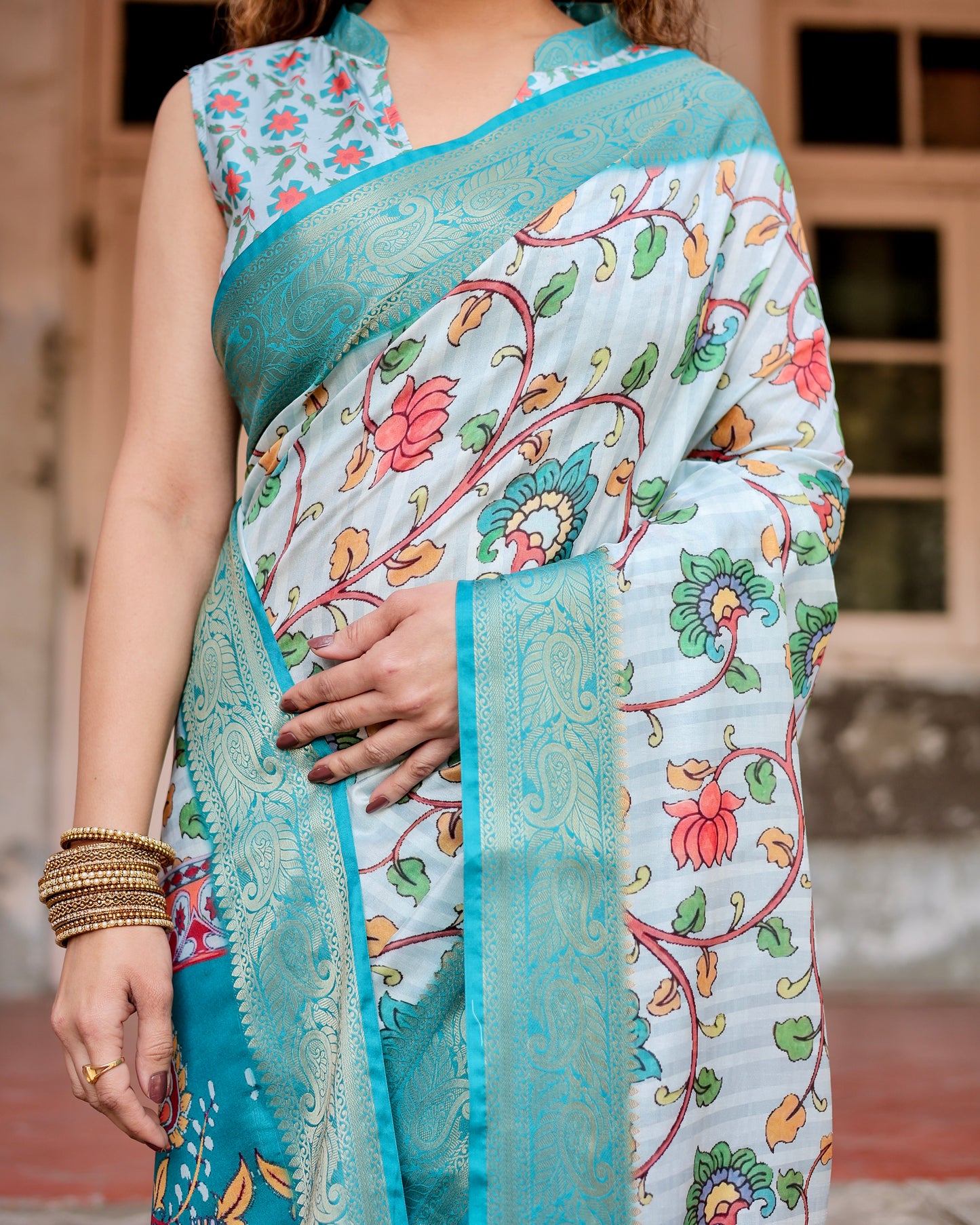 Pure Dola Silk Digitally Printed Saree with Golden Zari and Tassels