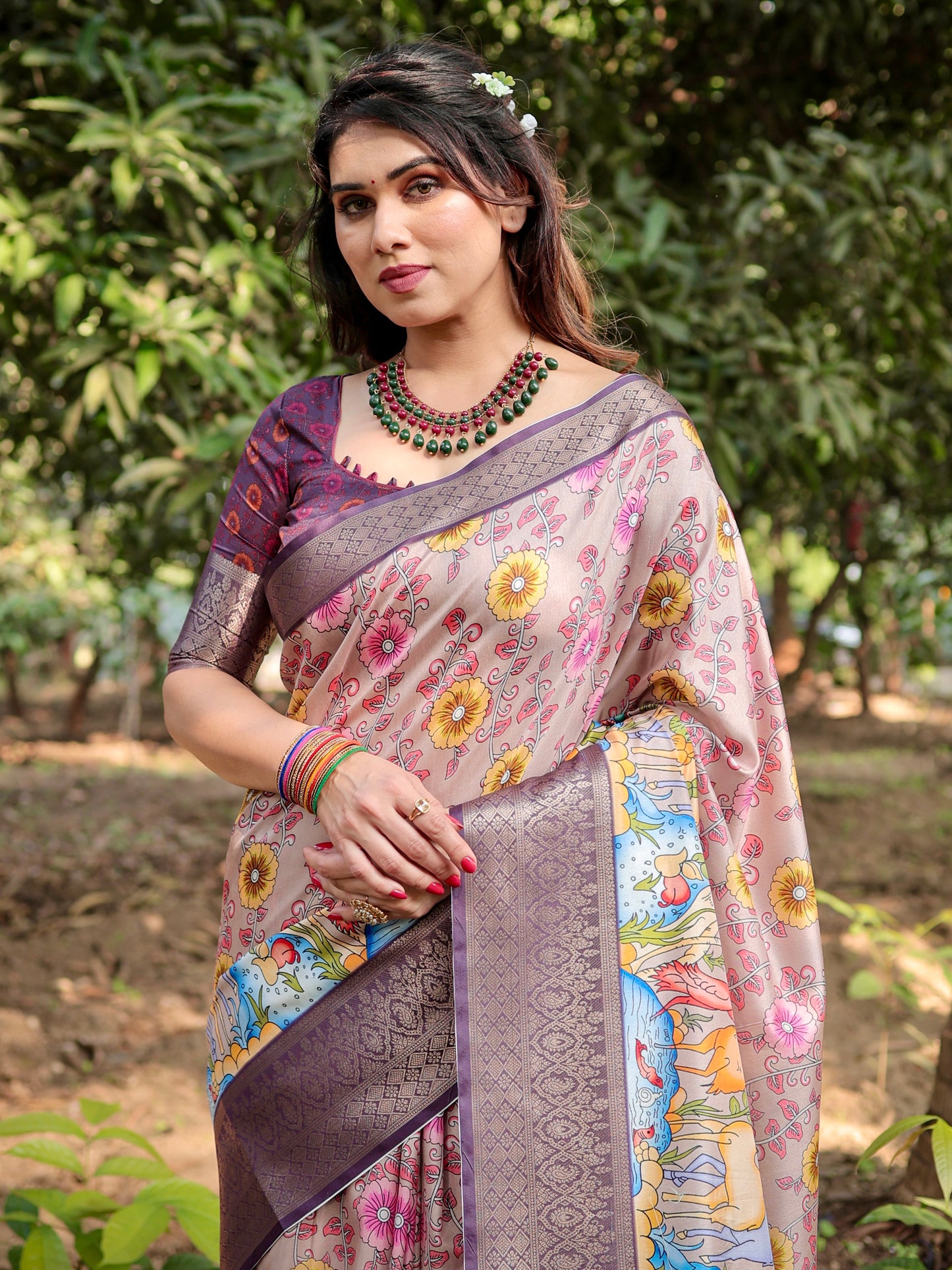 Attractive Multi Color Printed Silk Saree With Blouse for Wedding