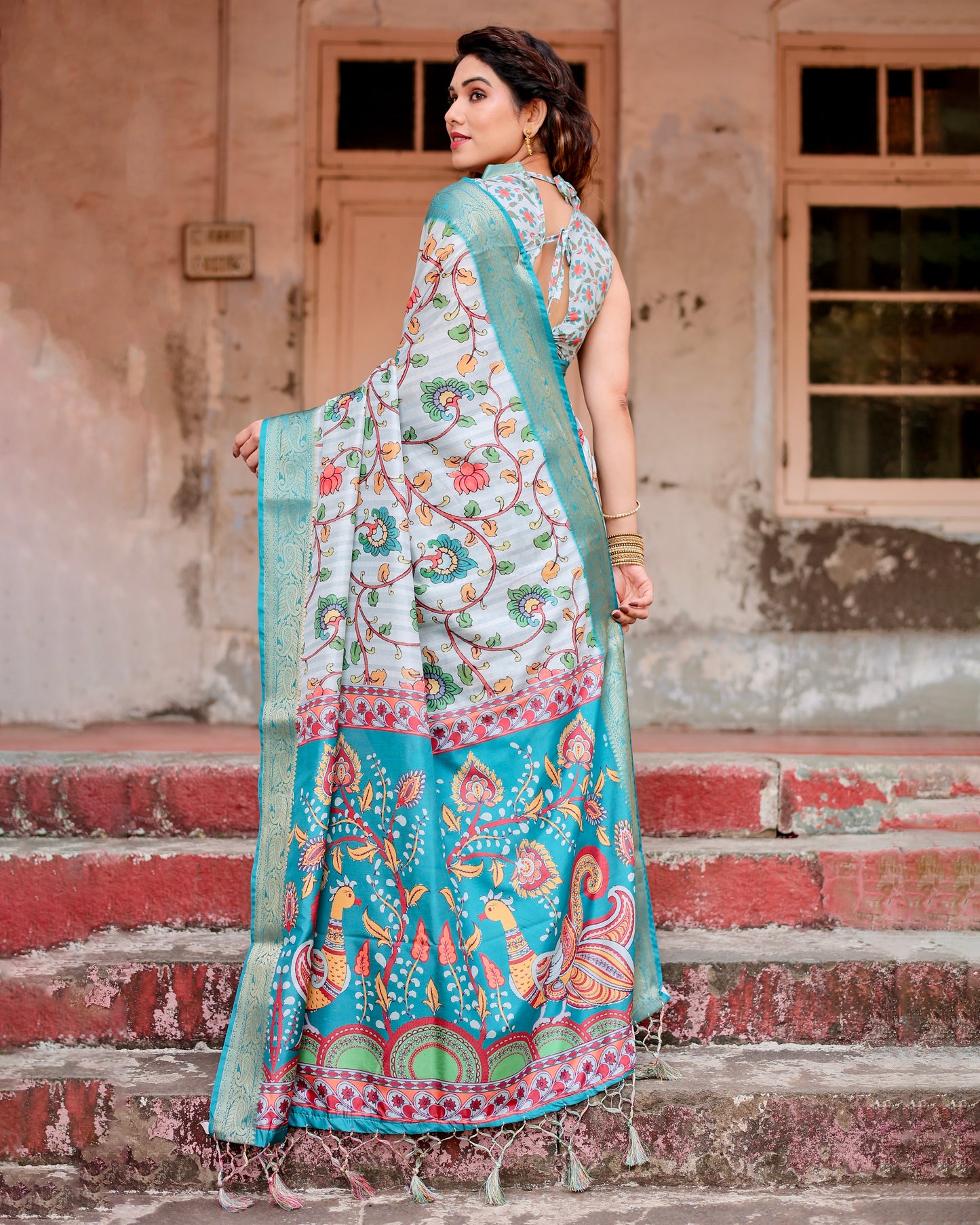 Pure Dola Silk Digitally Printed Saree with Golden Zari and Tassels