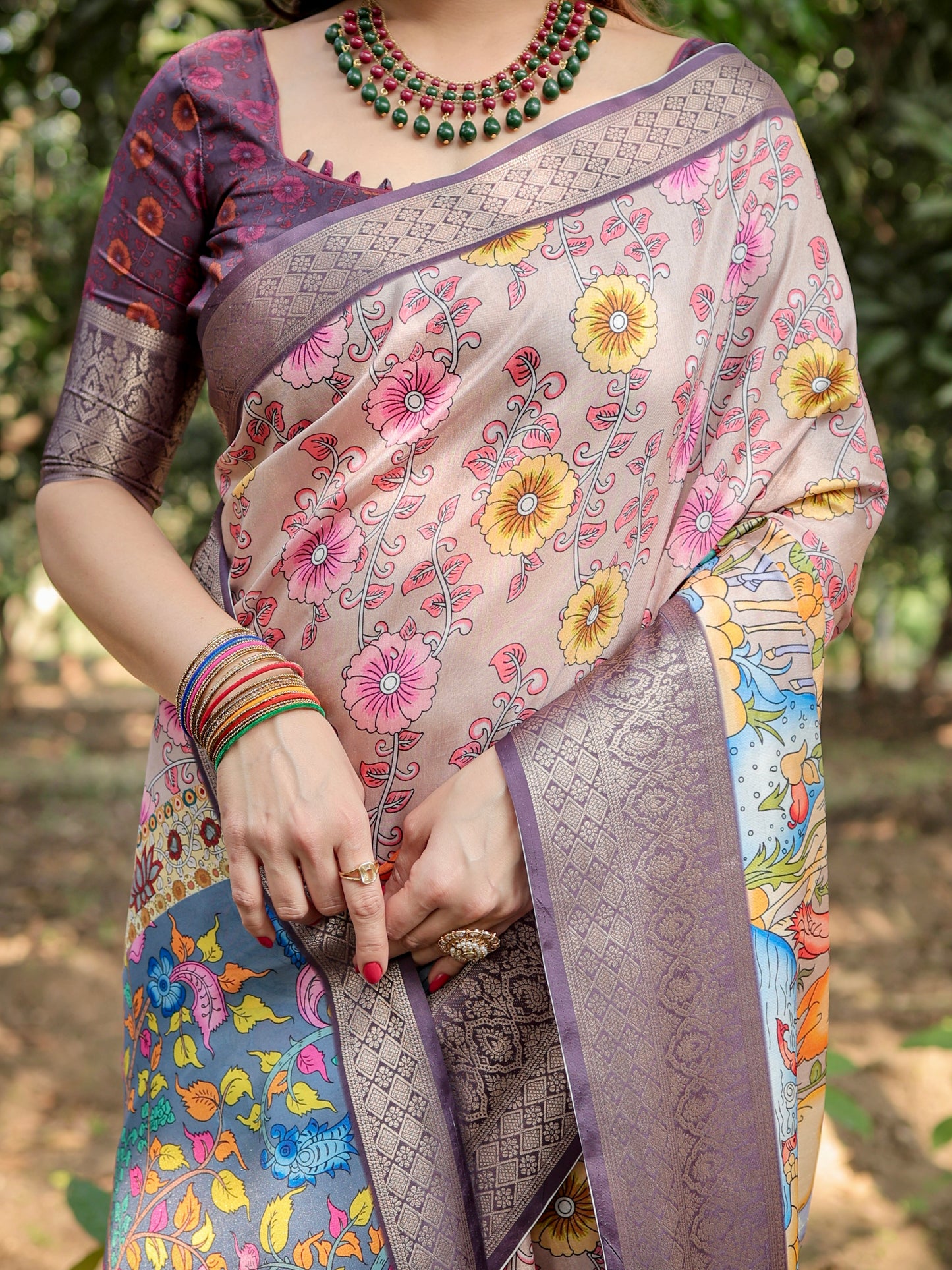 Attractive Multi Color Printed Silk Saree With Blouse for Wedding