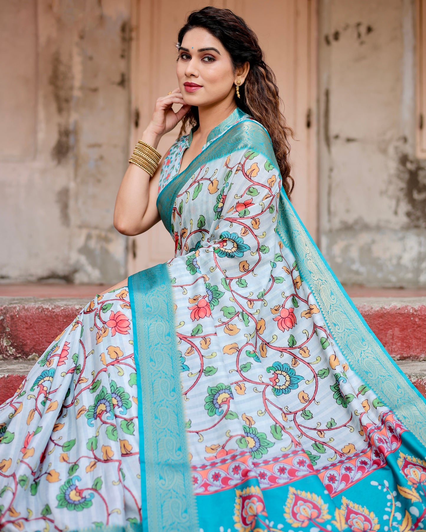 Pure Dola Silk Digitally Printed Saree with Golden Zari and Tassels