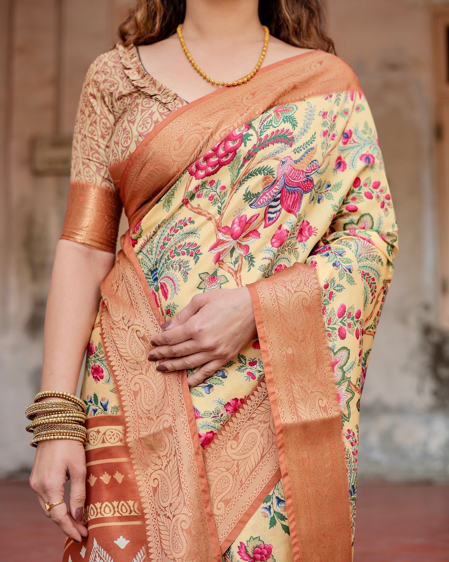 Cream Beige Printed Silk Light Weight Saree