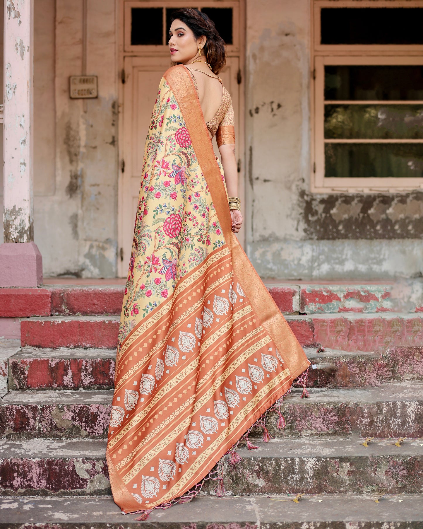 Cream Beige Printed Silk Light Weight Saree