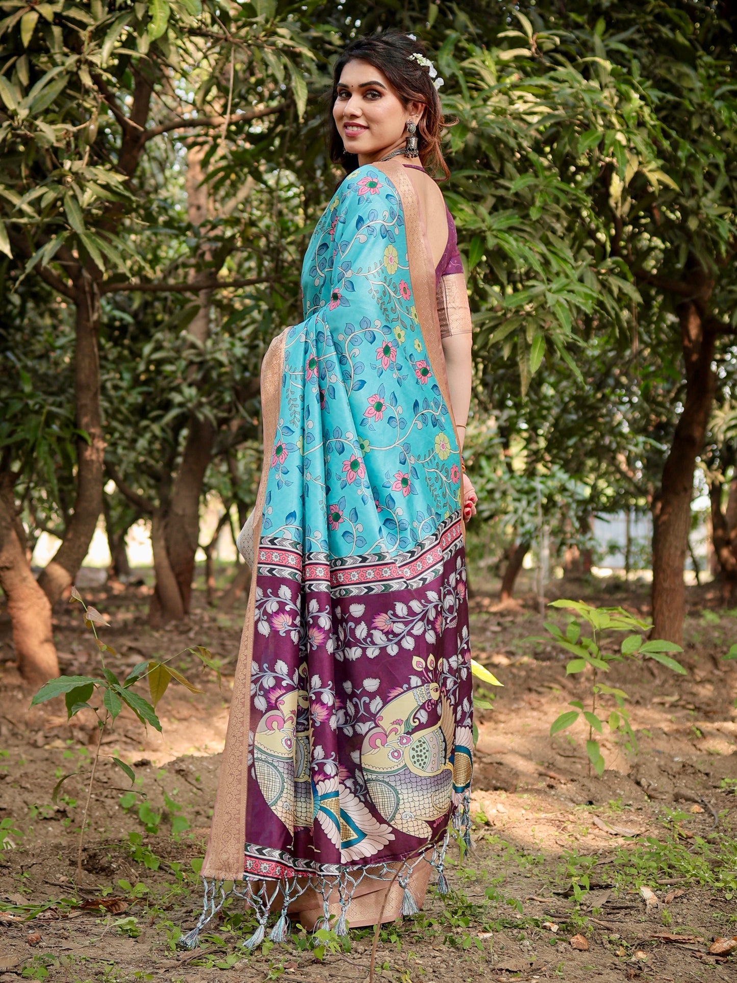 Pure Silk Digitally Printed Saree Weaved With Golden Zari Comes With Tassel