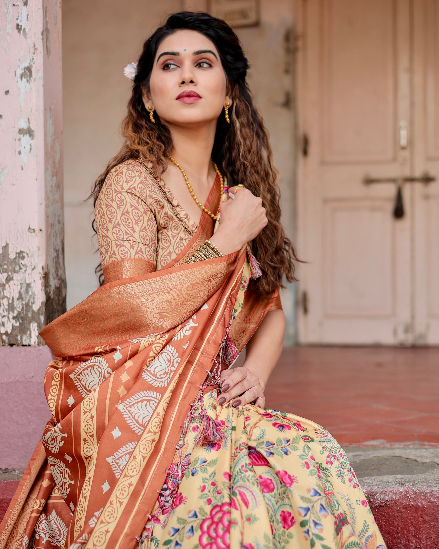 Cream Beige Printed Silk Light Weight Saree