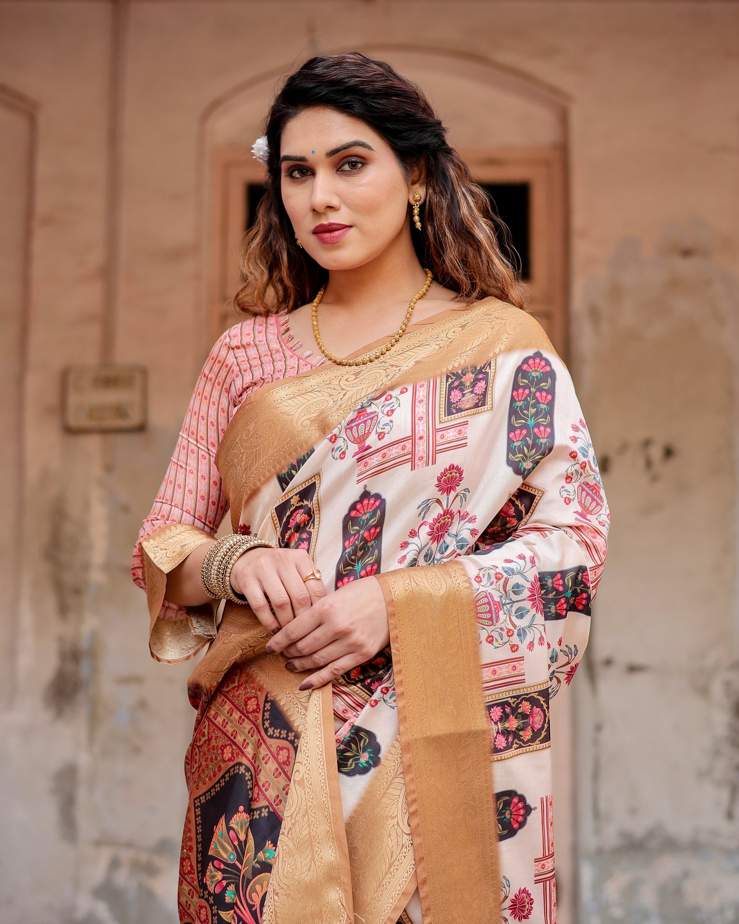 Cream & Light Brown Silk Saree With Digital Printed Work