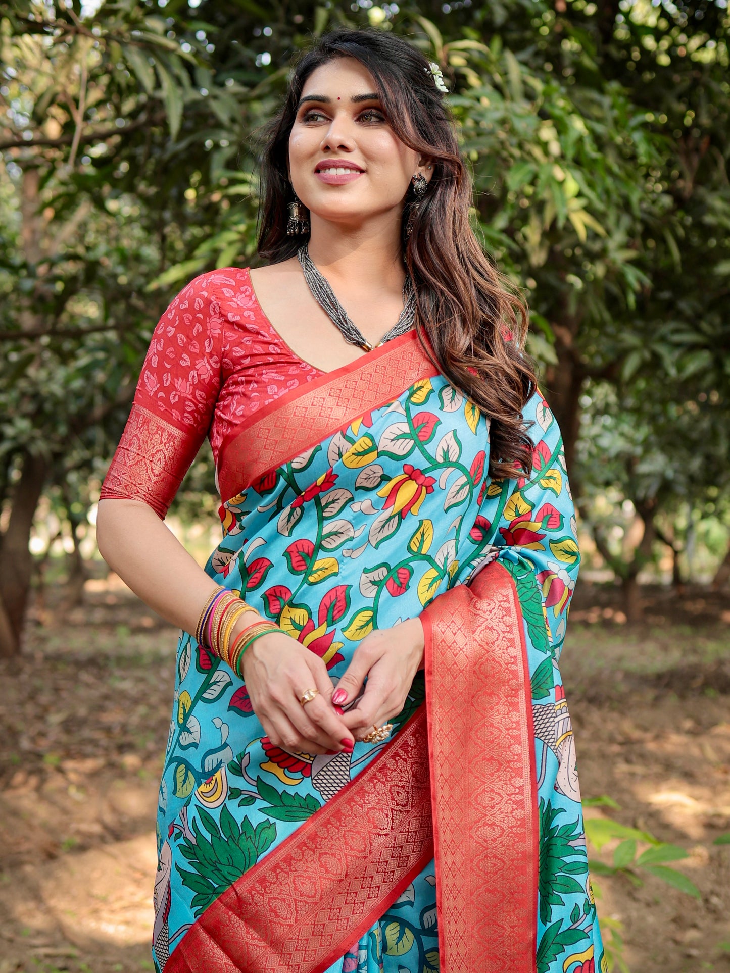 Sky Blue Base With a Striking Red Zari Border Tussar Silk Saree