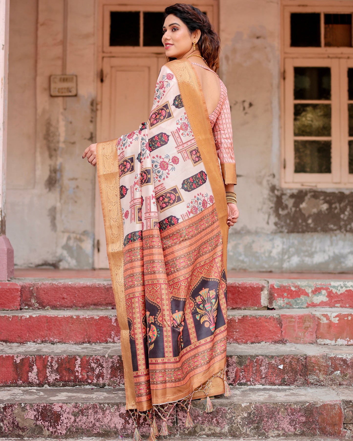 Cream & Light Brown Silk Saree With Digital Printed Work