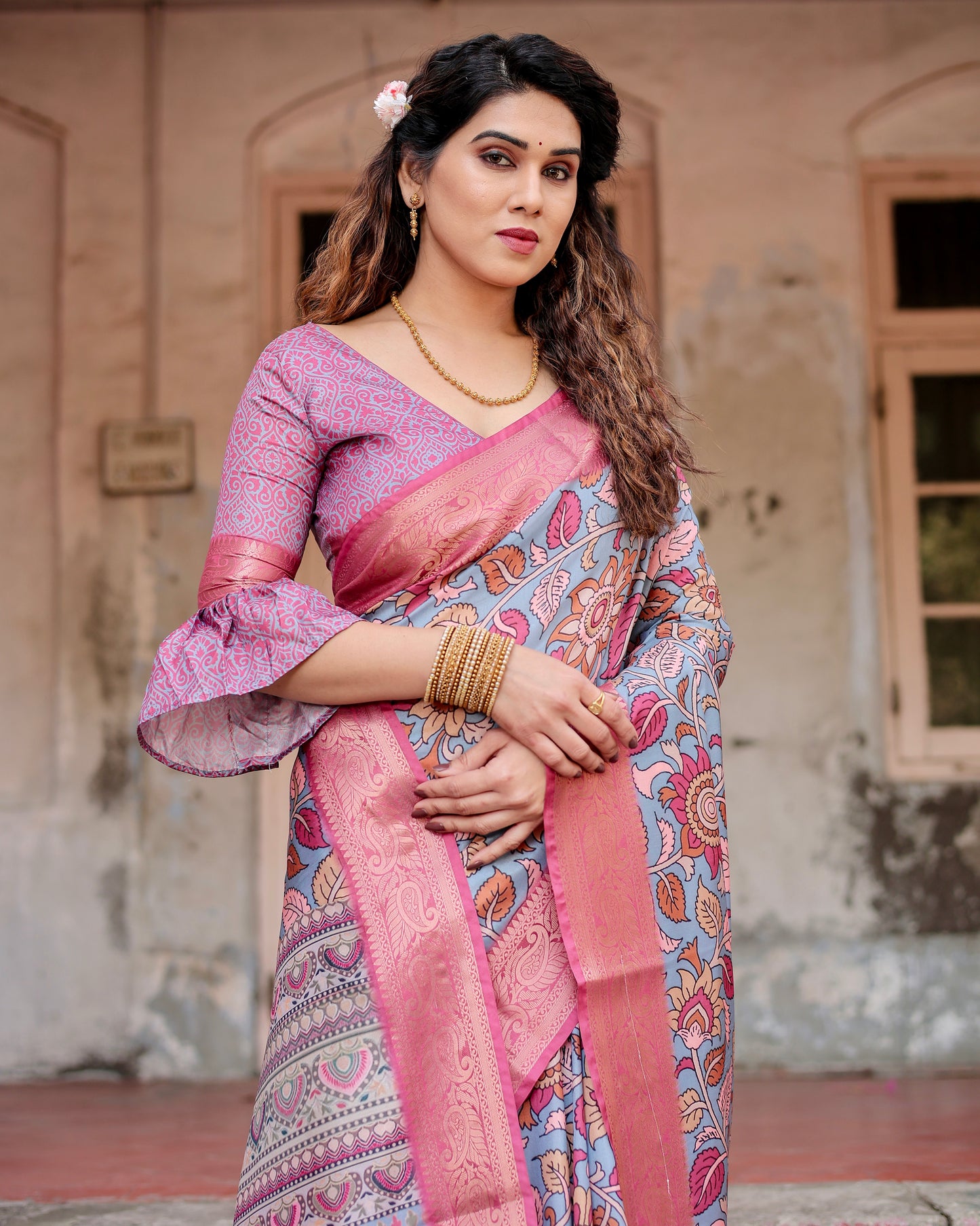 Celebrity Wear Silk Digital Printed Saree With Blouse