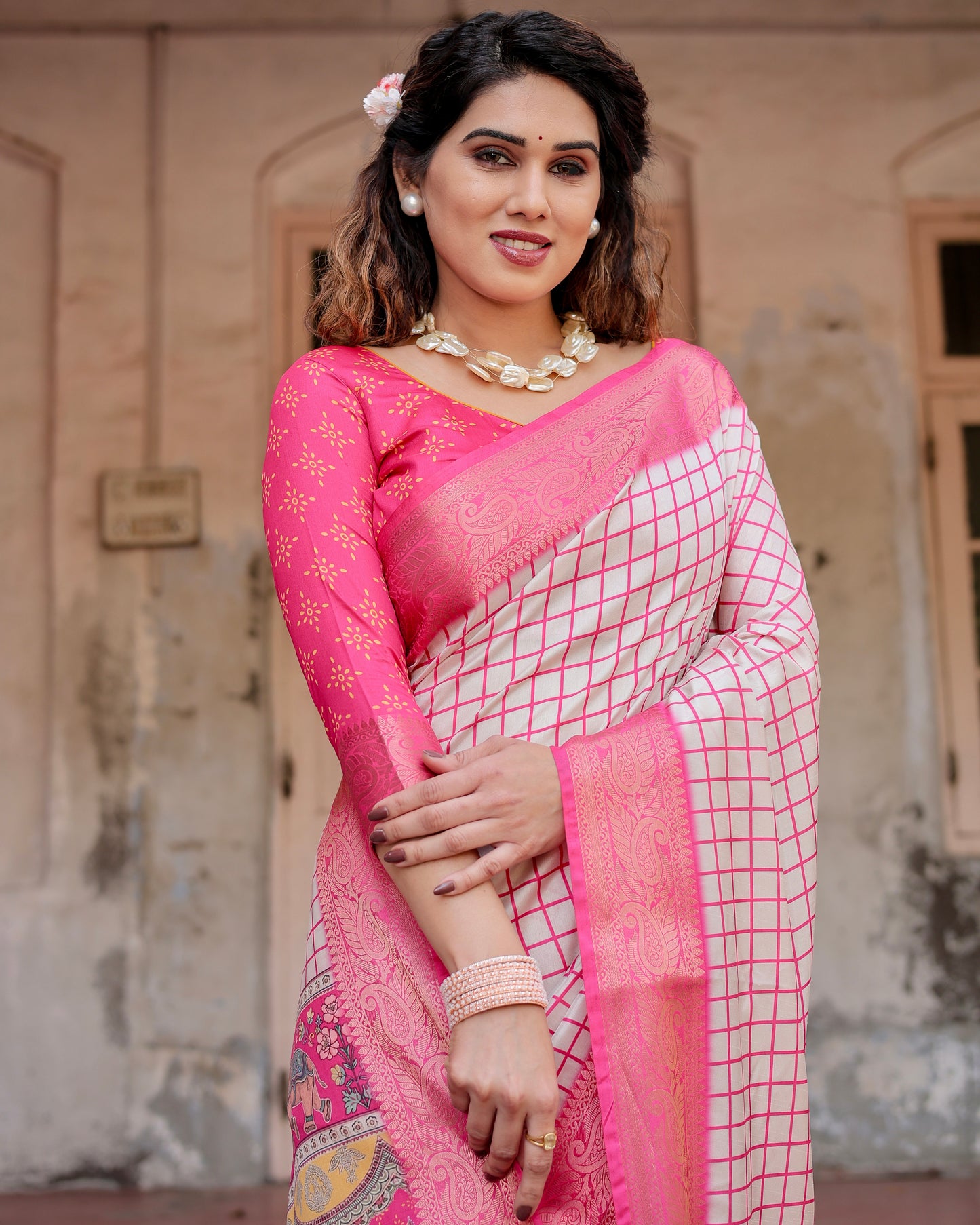 Pure Silk Digital Printed Baby Pink Saree with Brocade Blouse