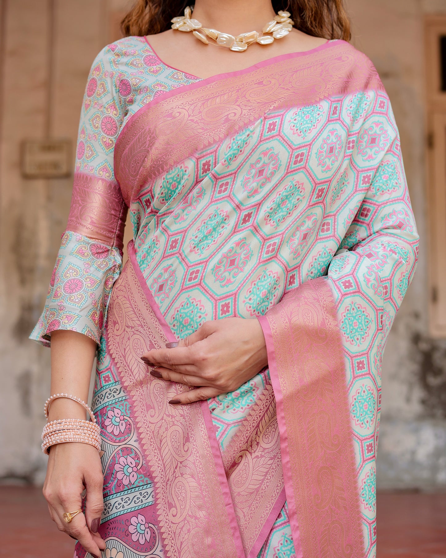 Pure Tussar Silk Digitally Printed Saree with Golden Zari and Tassels