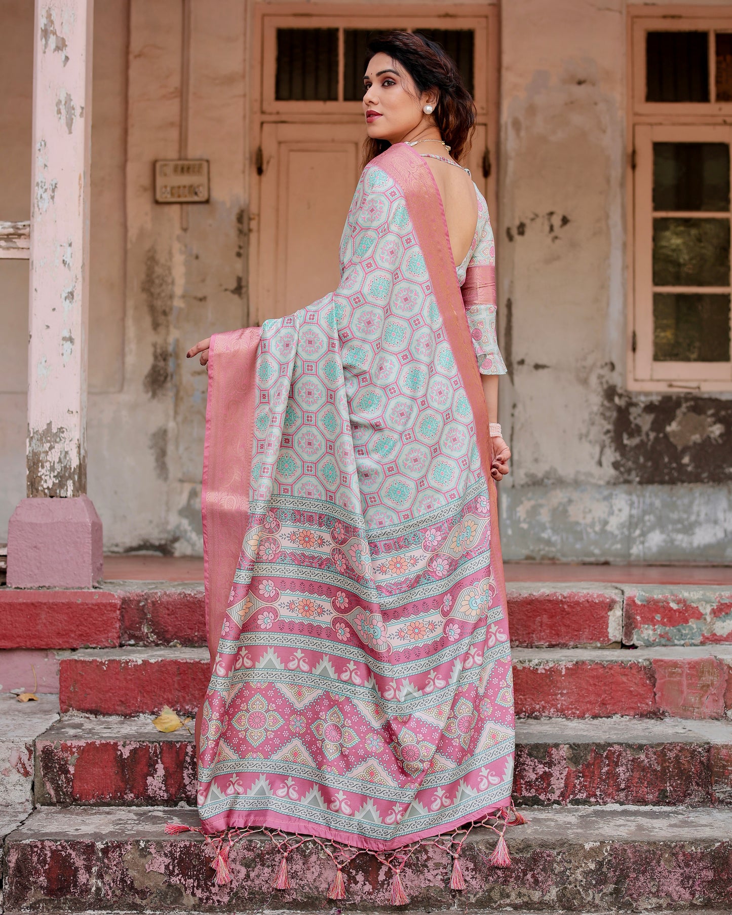 Pure Tussar Silk Digitally Printed Saree with Golden Zari and Tassels