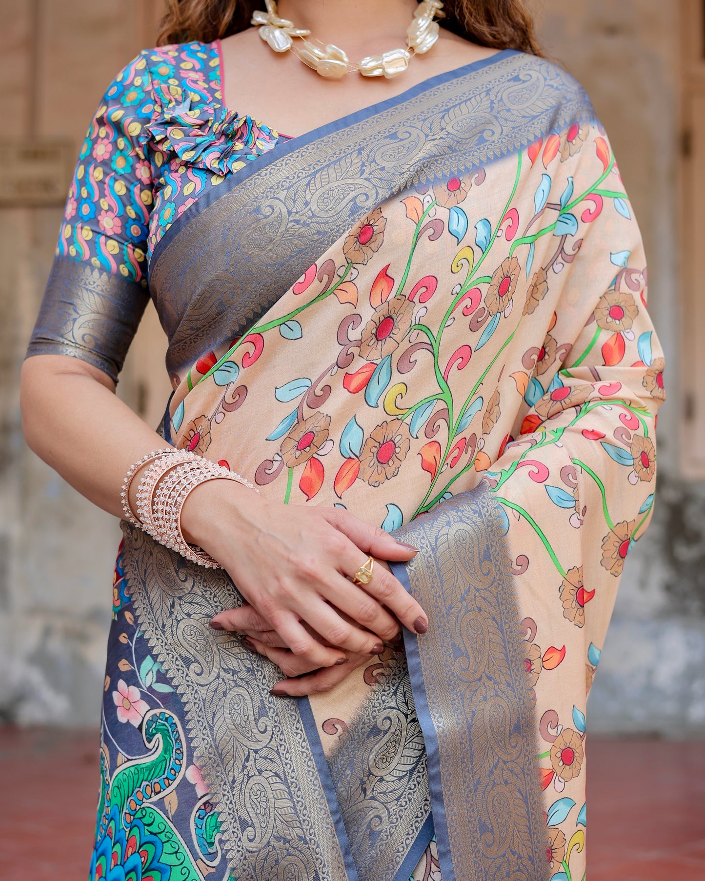 Luxuriant Printed Silk Peach Color Saree