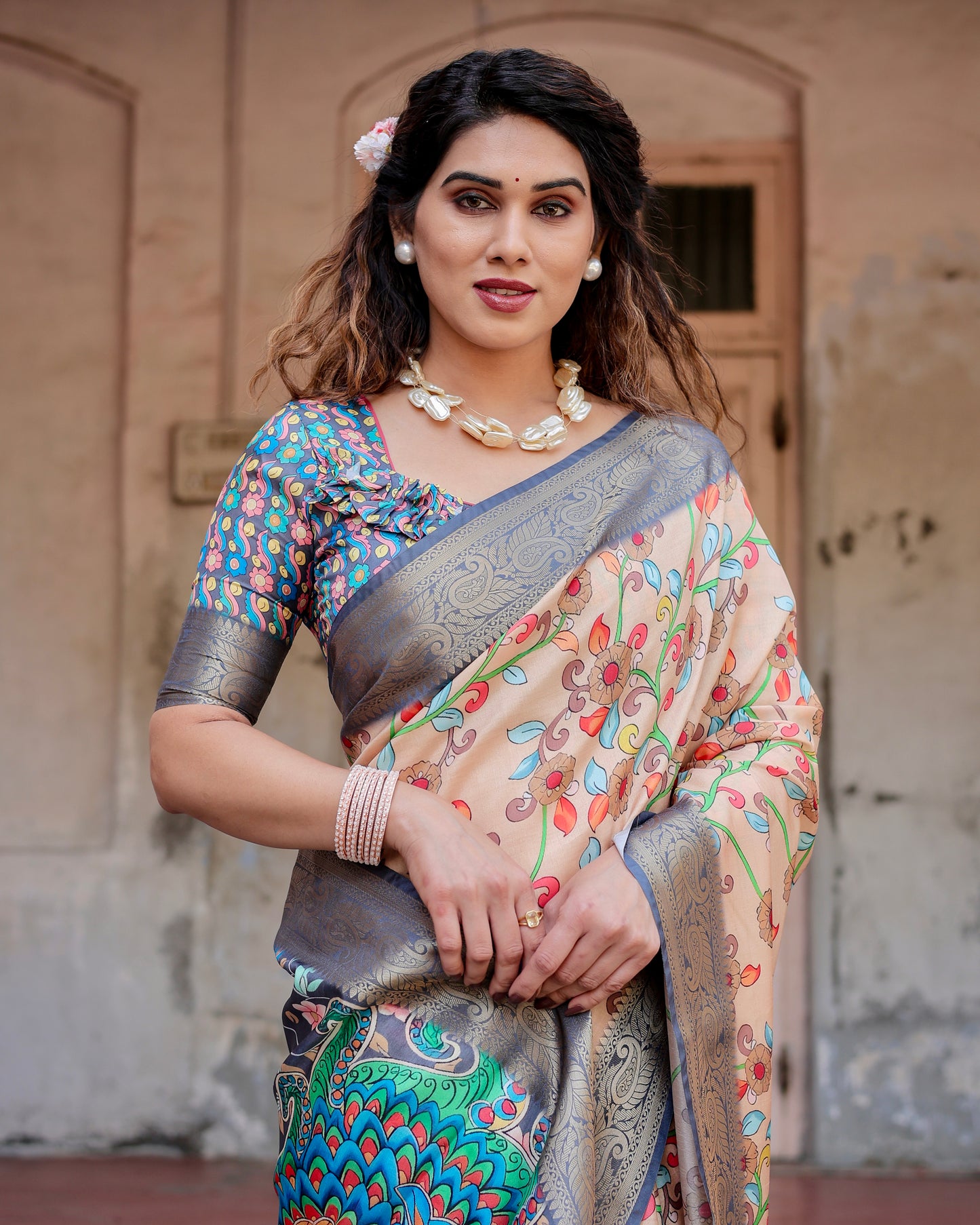 Luxuriant Printed Silk Peach Color Saree