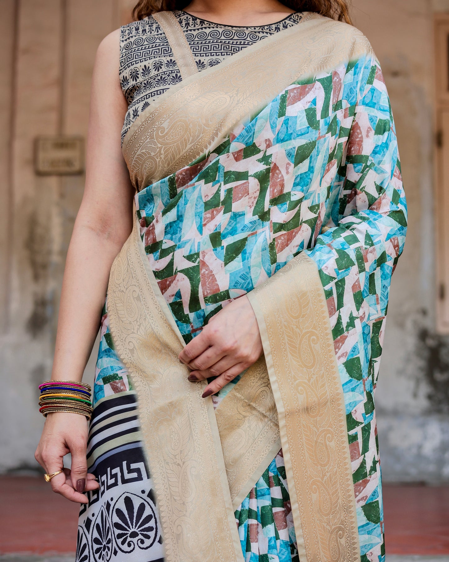 Pure Silk Digital Printed Sky Blue Saree with Brocade Blouse