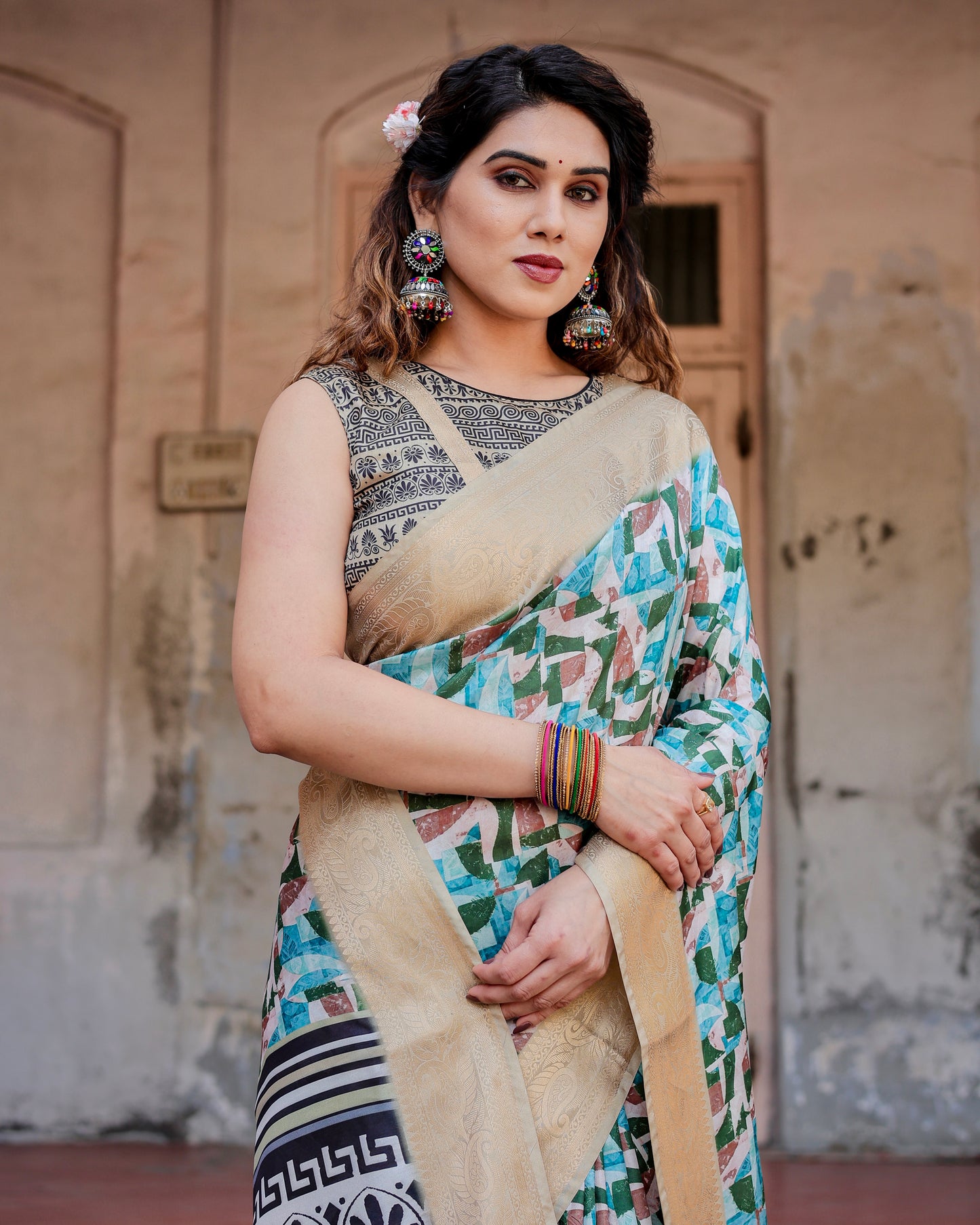 Pure Silk Digital Printed Sky Blue Saree with Brocade Blouse
