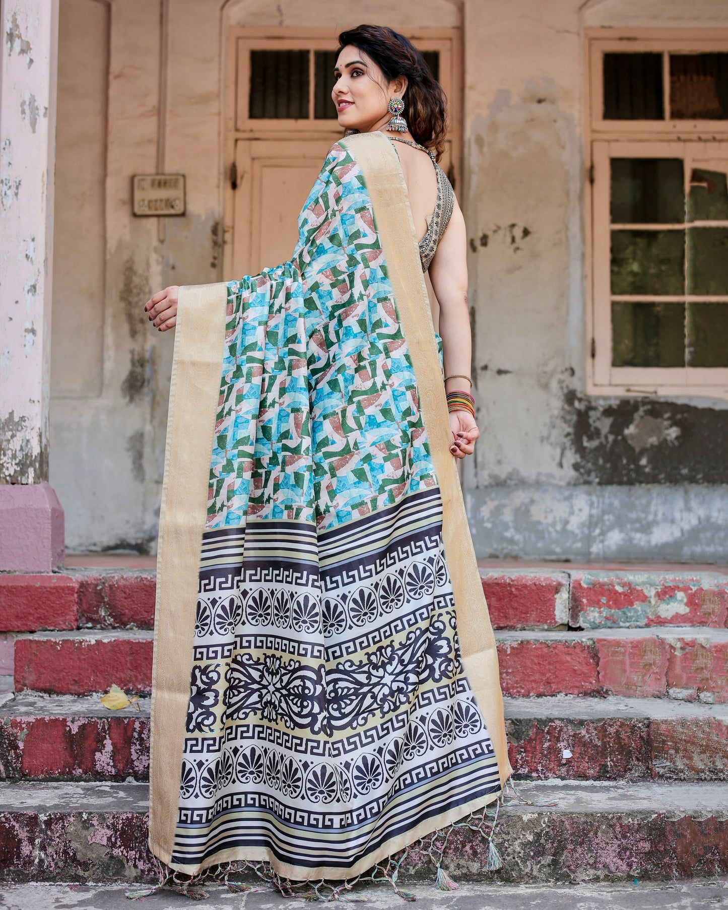 Pure Silk Digital Printed Sky Blue Saree with Brocade Blouse