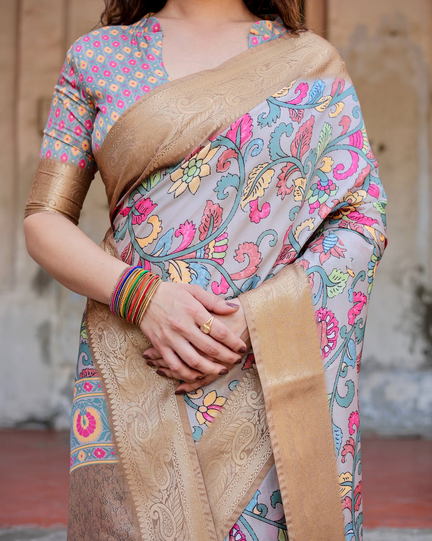 Pure Dola Silk Digitally Printed Saree with Golden Zari and Tassels