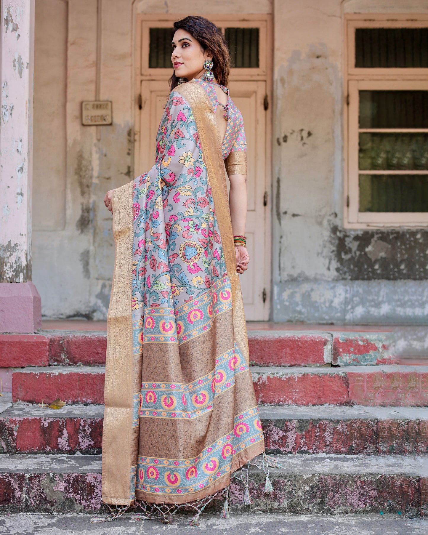 Pure Dola Silk Digitally Printed Saree with Golden Zari and Tassels
