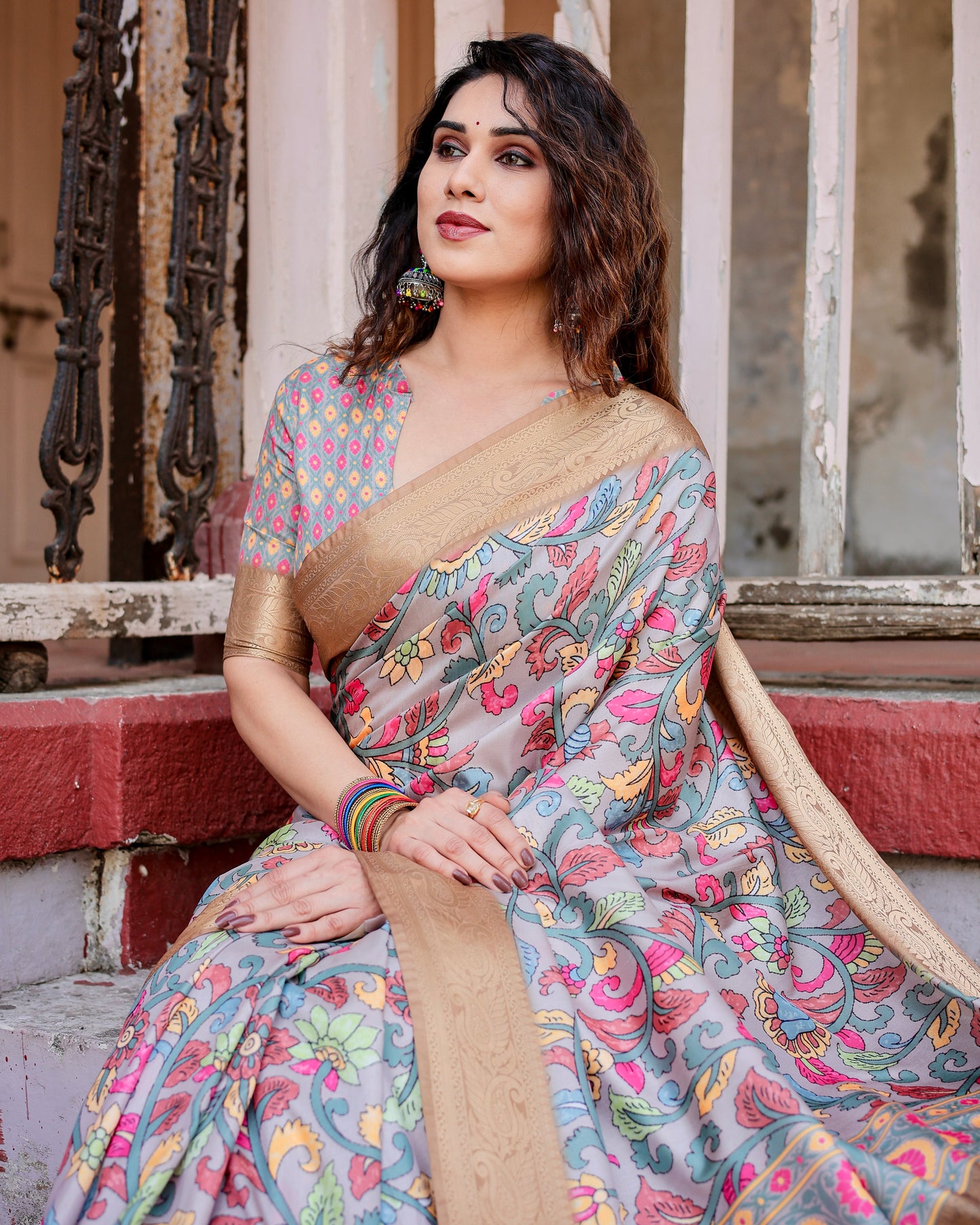 Pure Dola Silk Digitally Printed Saree with Golden Zari and Tassels
