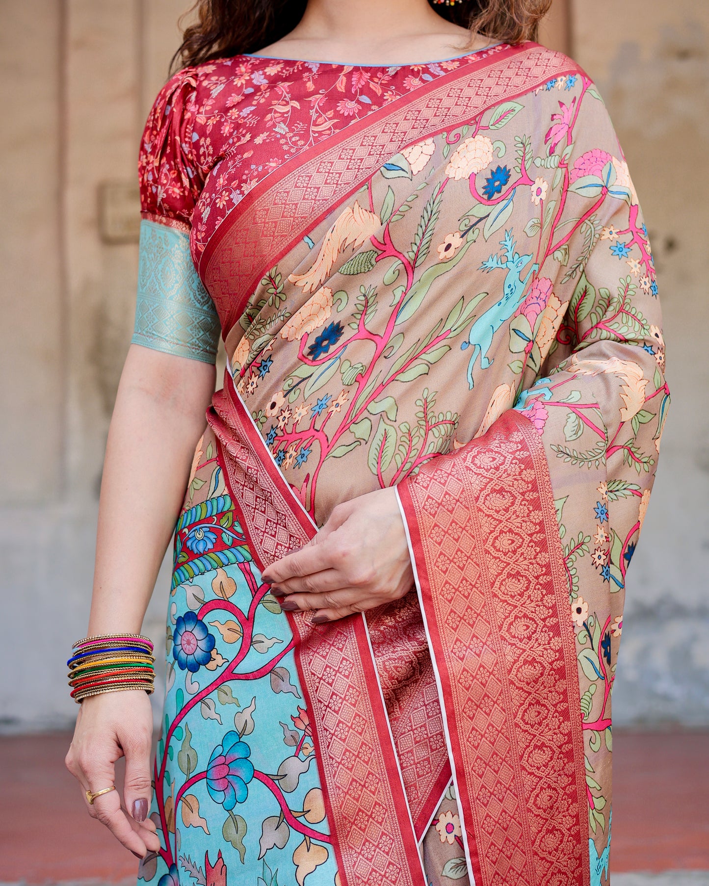 Exclusive Beige And Aqua Soft Silk Wedding Wear Printed Saree with Blouse