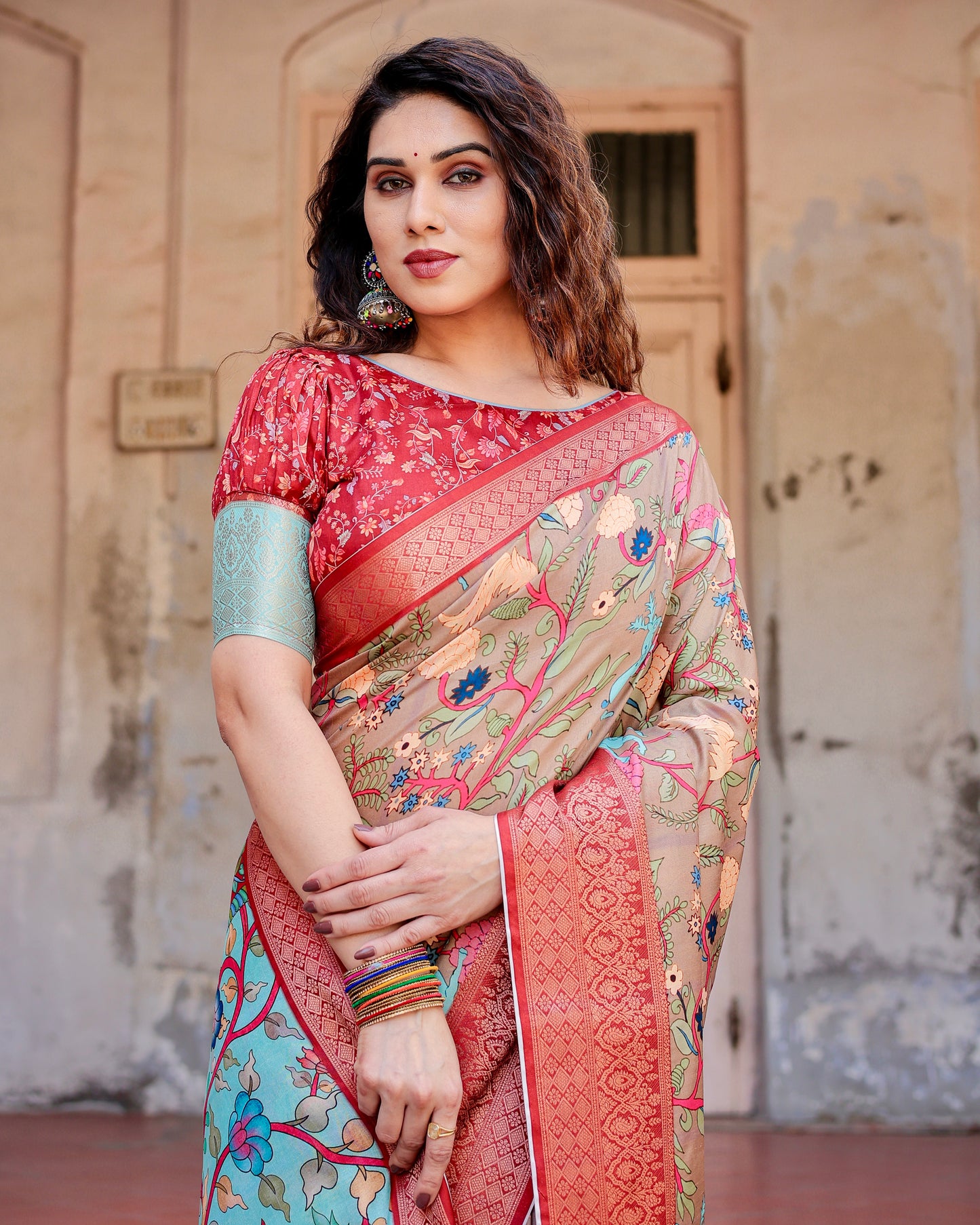 Exclusive Beige And Aqua Soft Silk Wedding Wear Printed Saree with Blouse