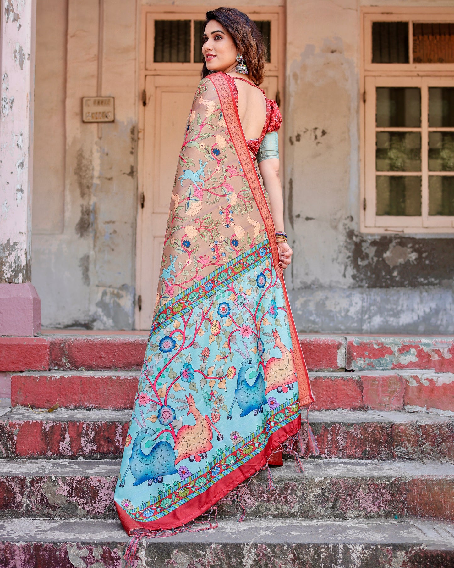 Exclusive Beige And Aqua Soft Silk Wedding Wear Printed Saree with Blouse