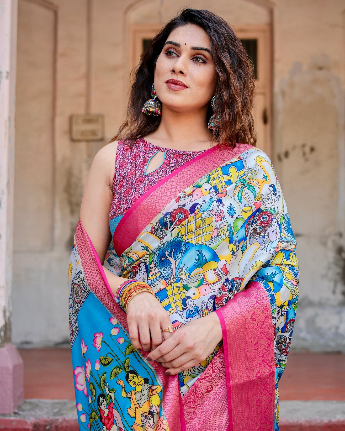 Pure Tussar Silk Digitally Printed Saree with Golden Zari and Tassels