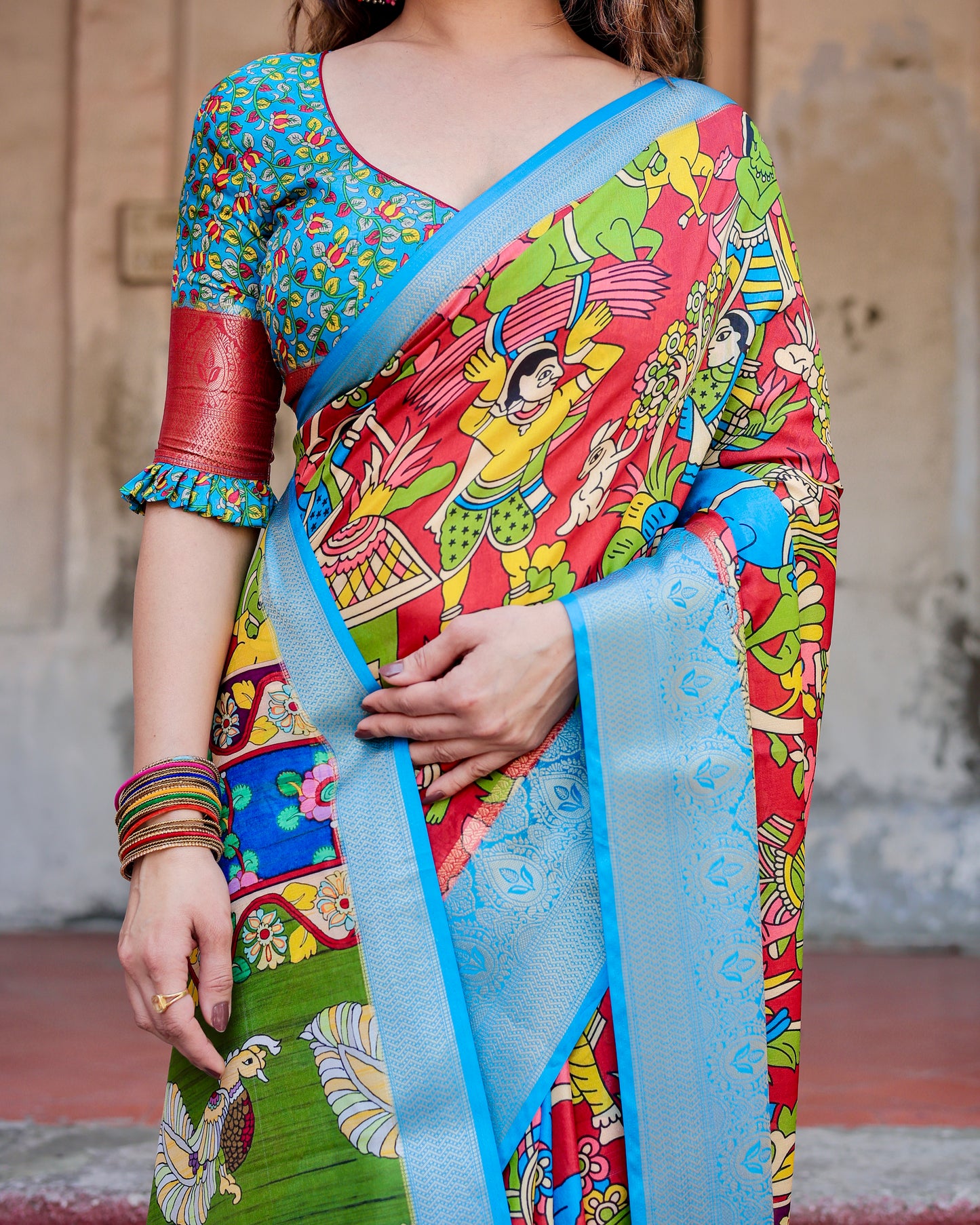 Pure Silk Digital Printed Sky Blue Saree with Brocade Blouse