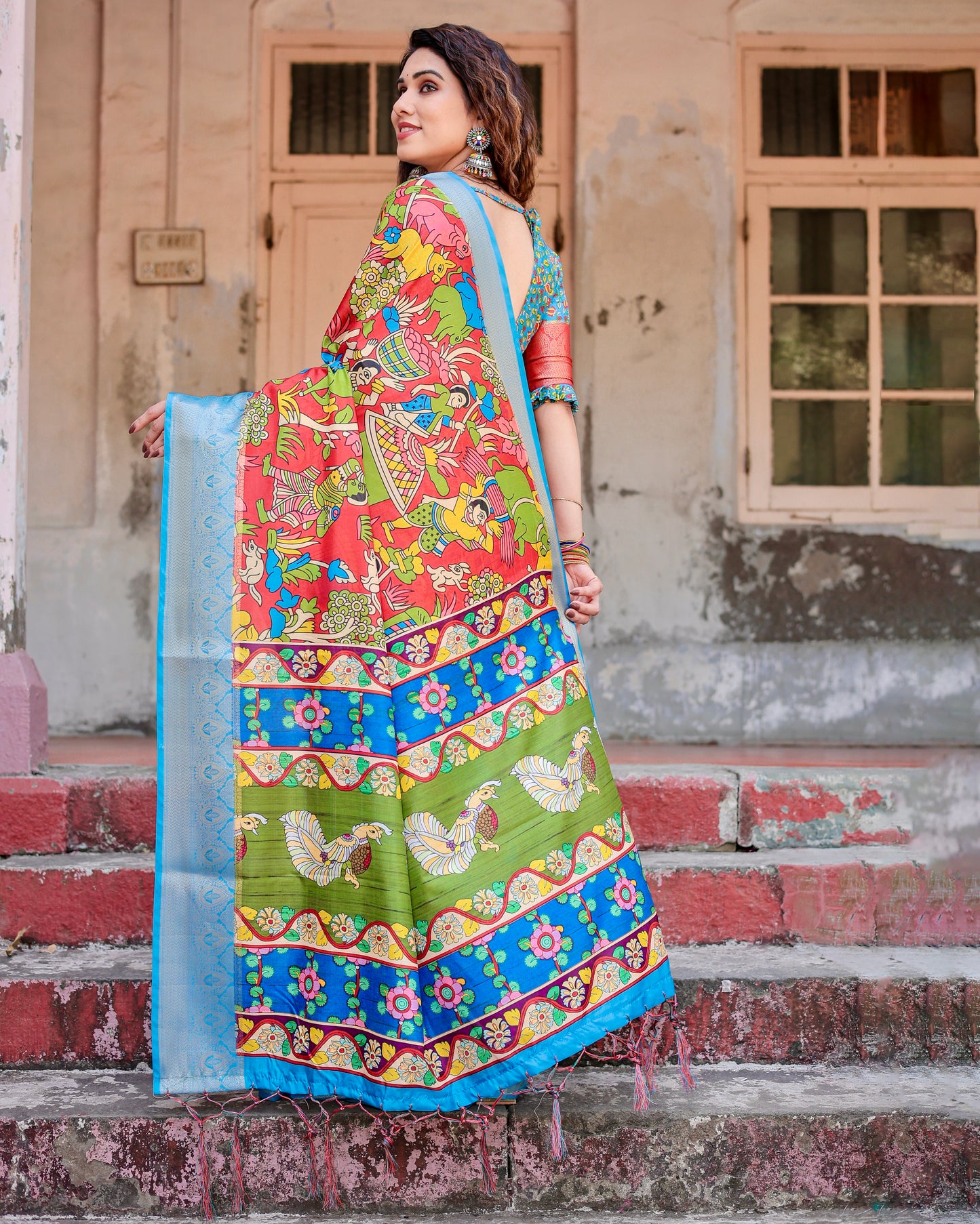 Pure Silk Digital Printed Sky Blue Saree with Brocade Blouse