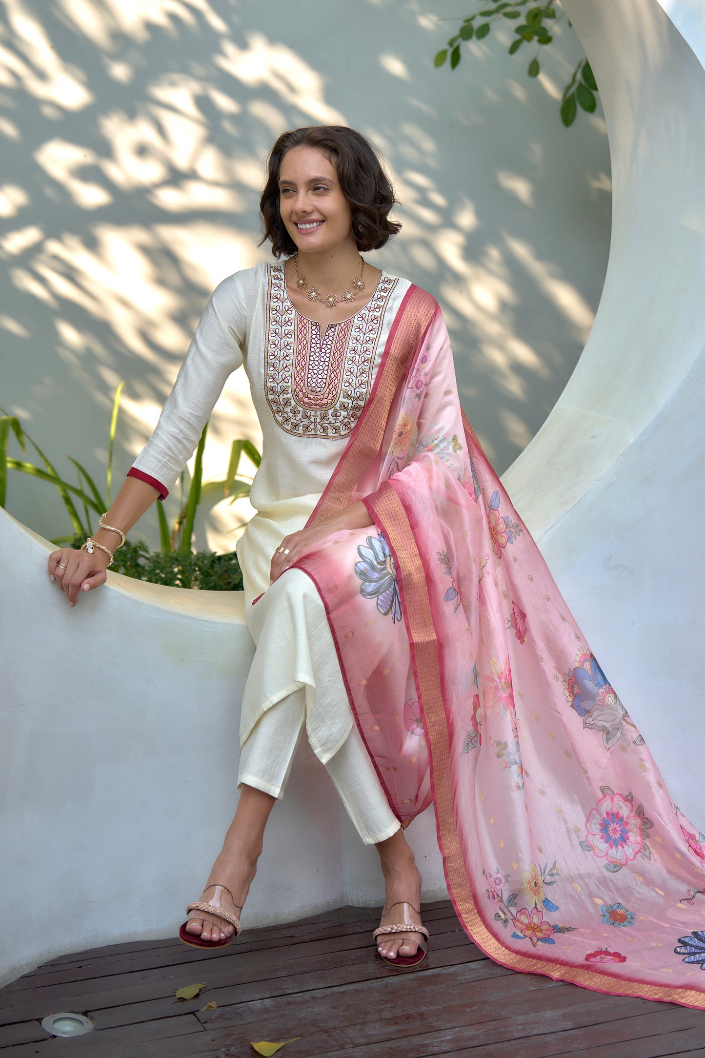 Off-White Vatican Kurta Set with Embroidered Neckline & Organza Butti Dupatta