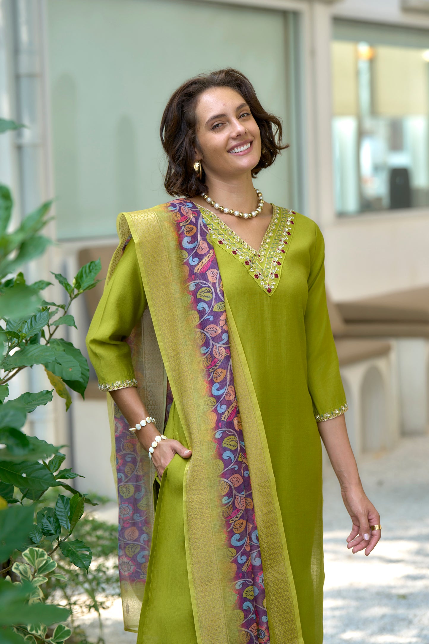Lime Green Vatican Kurta Set with Embroidered Neckline & Chanderi Butti Dupatta