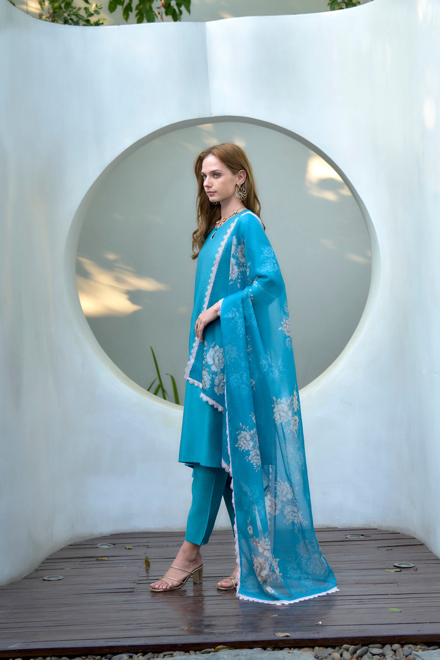 Sky Blue Vatican Kurta Set with Embroidered Neckline and Organza Dupatta