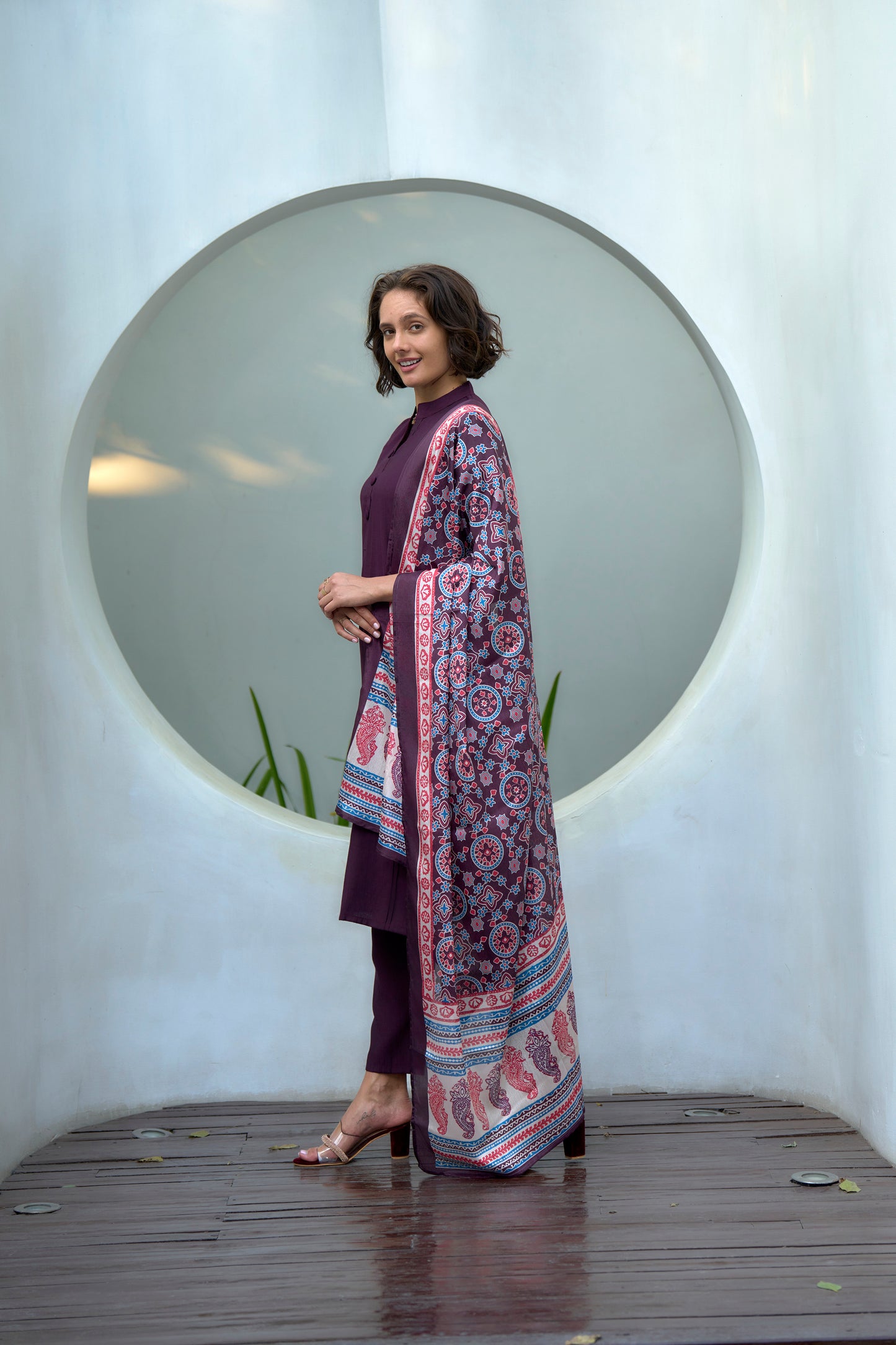Wine Vatican Kurta Set with Embroidered Neckline and Chinnon Dupatta