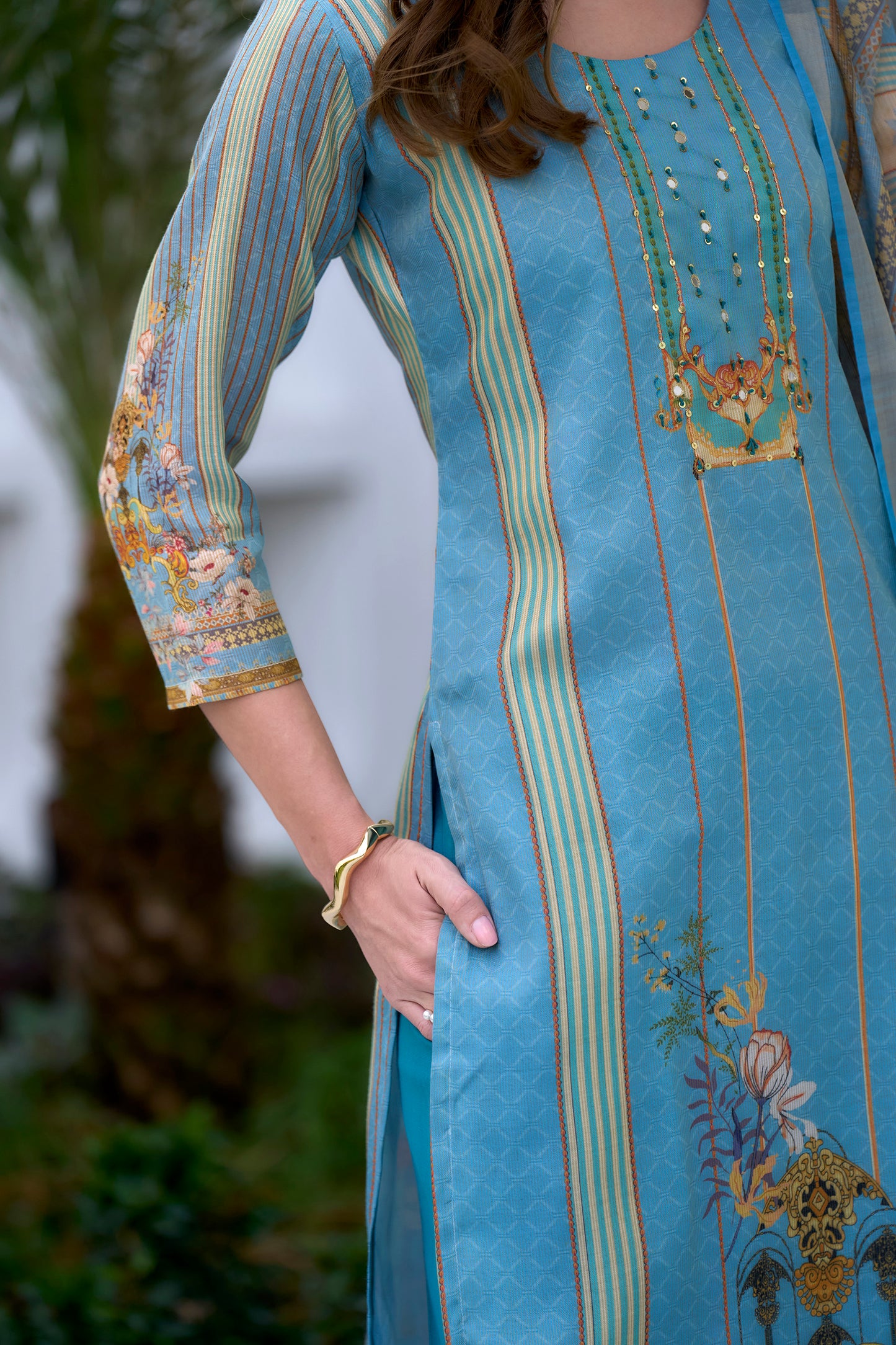 Graceful Sky Blue Silk Blend Kurta Set with Embroidered Neckline & Dupatta