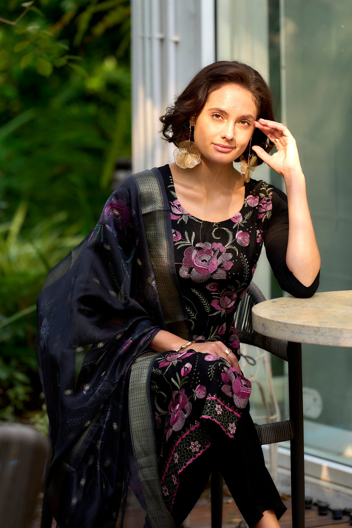 Navy Blue Embroidered Rayon Kurta Set with Organza Butti Dupatta