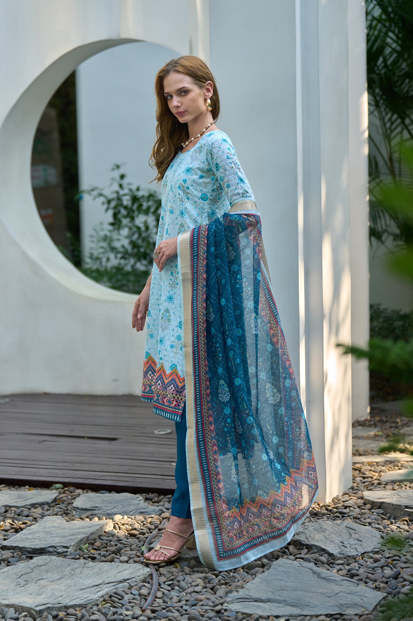 Sky Blue Cotton Printed Kurta Set with Embroidered Neckline & Linen Dupatta