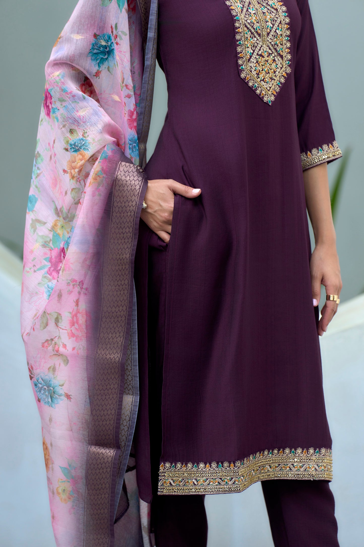 Purple Vatican Kurta Set with Embroidered Neckline & Chanderi Butti Dupatta