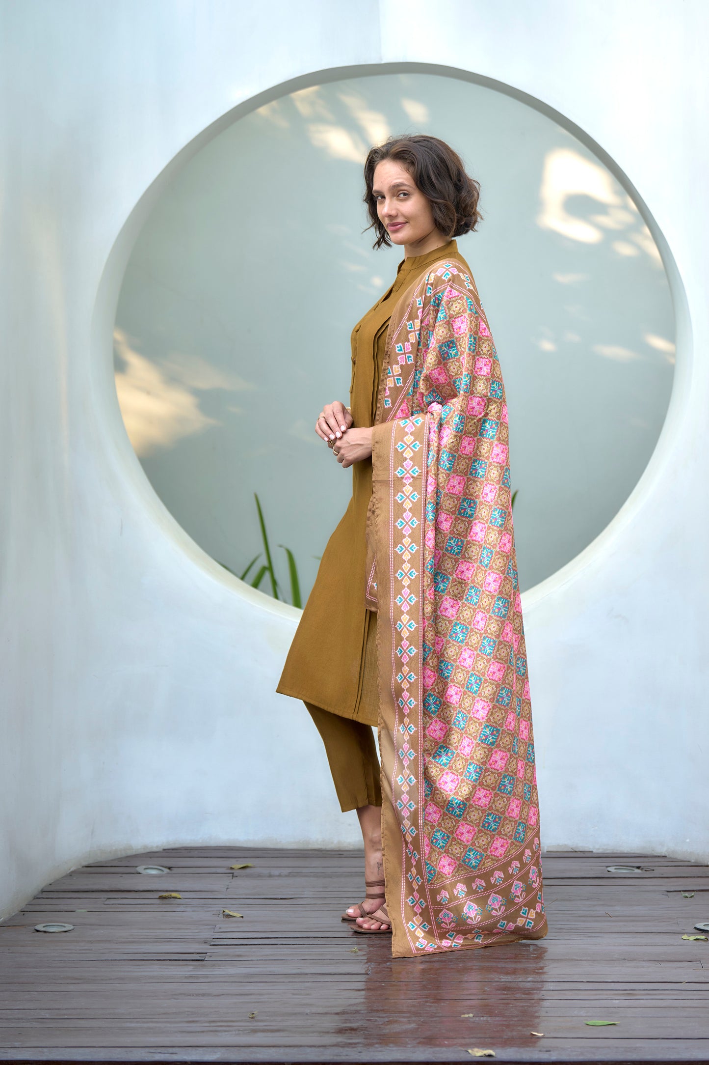 Mustard Yellow Vatican Kurta Set with Embroidered Neckline & Chinnon Dupatta