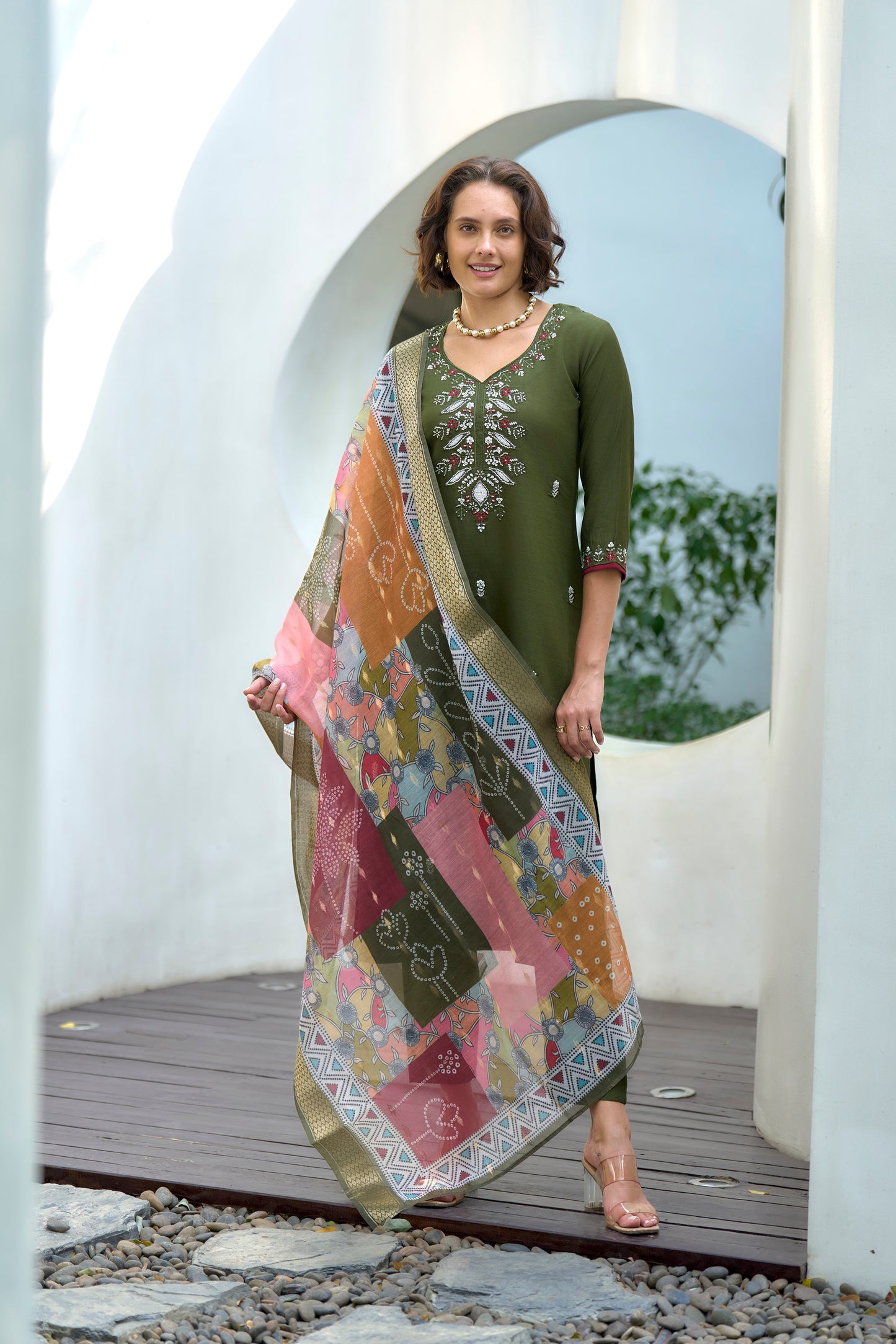 Green Vatican Kurta Set with Embroidered Neckline & Chanderi Butti Dupatta