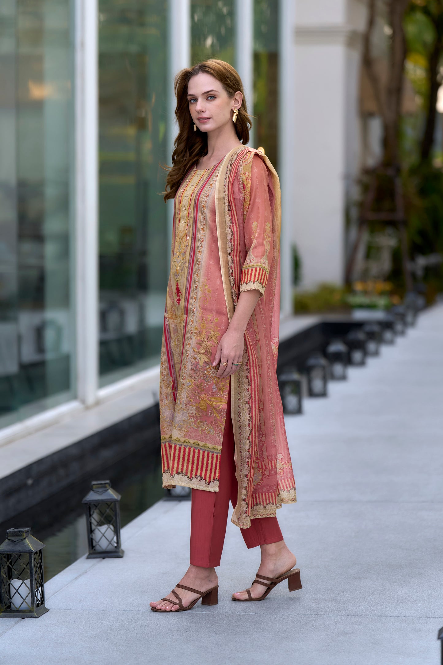 Elegant Peach Silk Blend Kurta Set with Embroidered Neckline & Dupatta